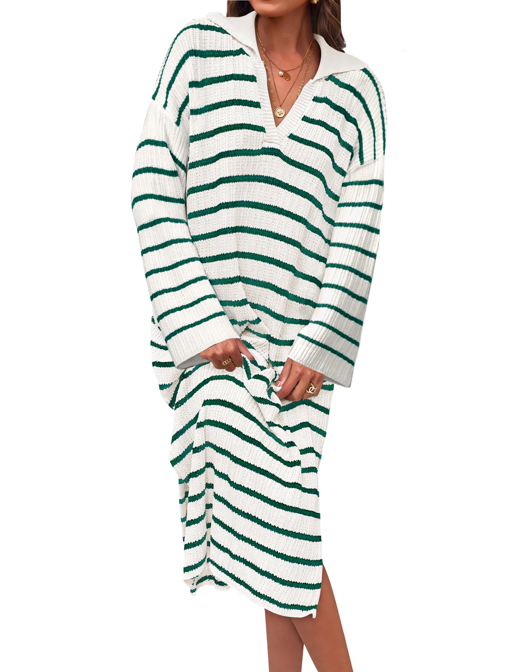 Luxuii Striped Sweater Dresses Lapel V Neck Knit Side Slit Midi Dress
