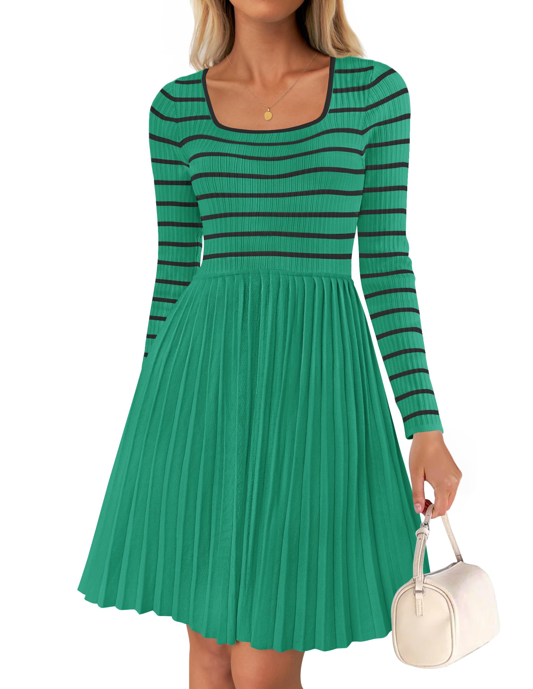 Luxuii Striped Square Neck Pleated Ribbed Knit Mini Dress