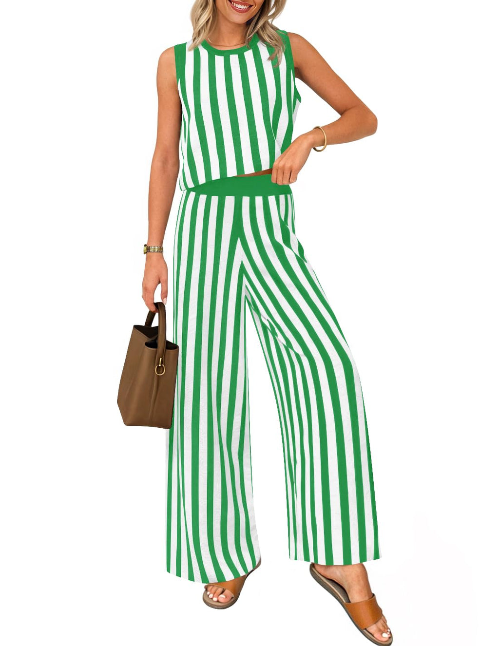 Luxuii Two Piece Outfits Crop Tank Tops and Wide Leg Pants Striped Sets