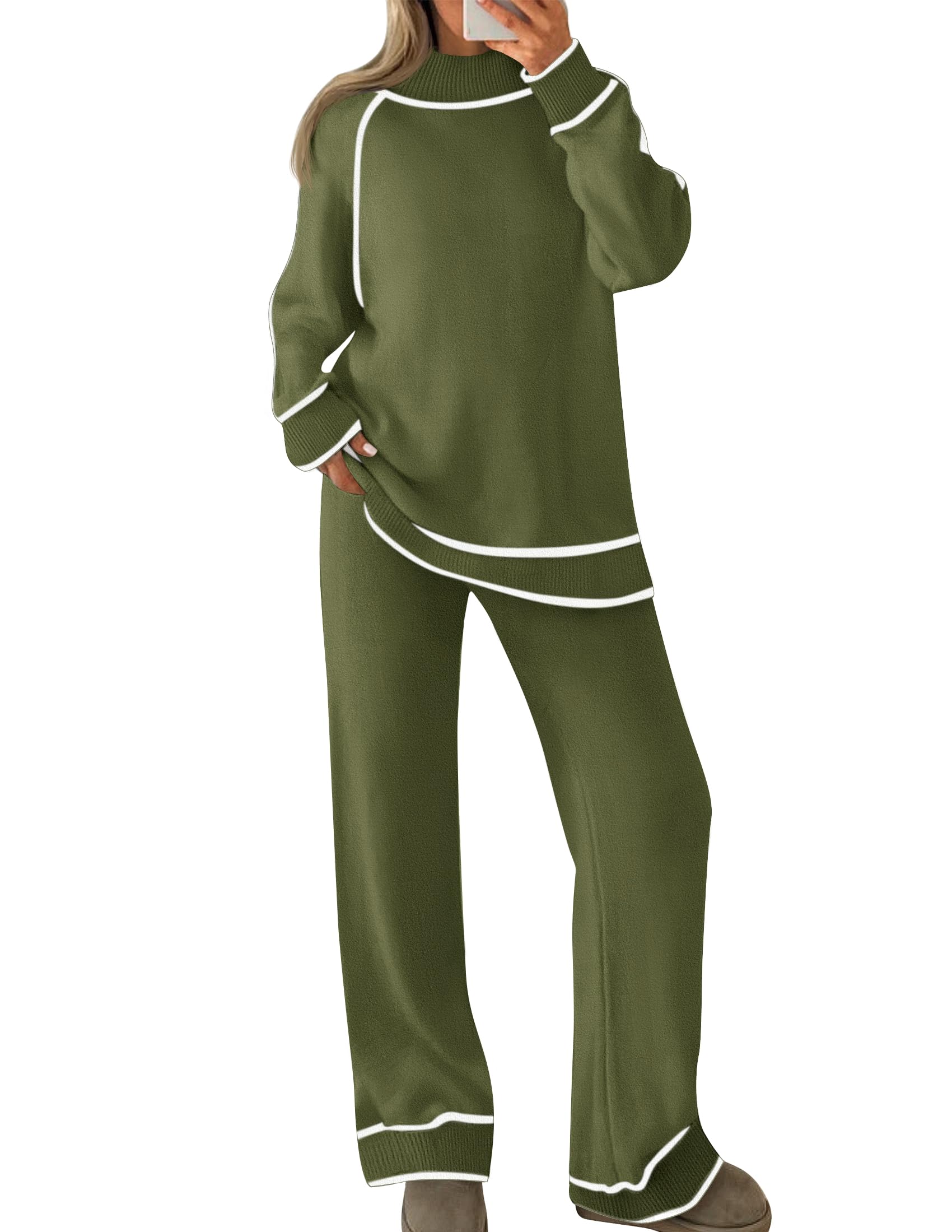 Luxuii Turtleneck Pullover Tops Wide Leg Pants Lounge Sets