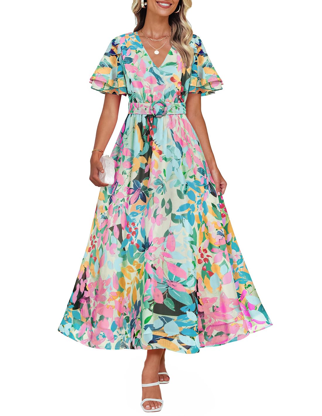 Luxuii Floral Print Short Sleeve V Neck High Waist Flowy Dress