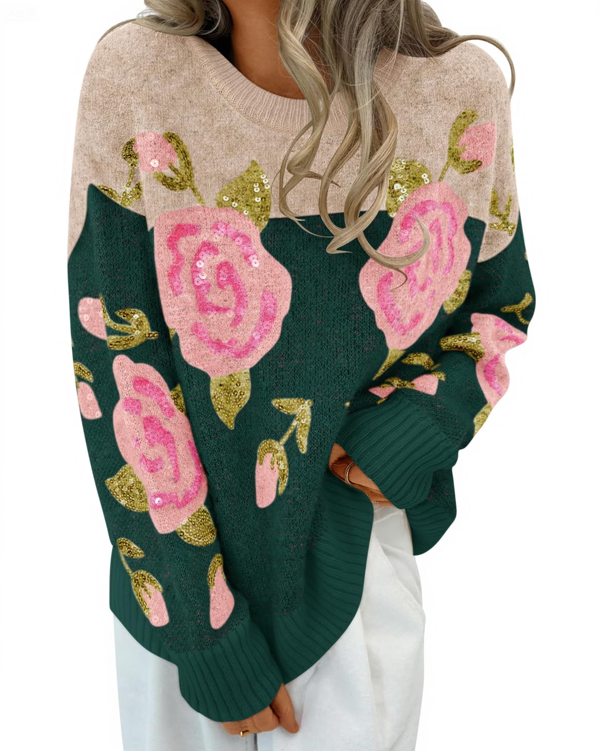 Luxuii Floral Oversized Crewneck Chunky Knit Pullover Sweater Tops