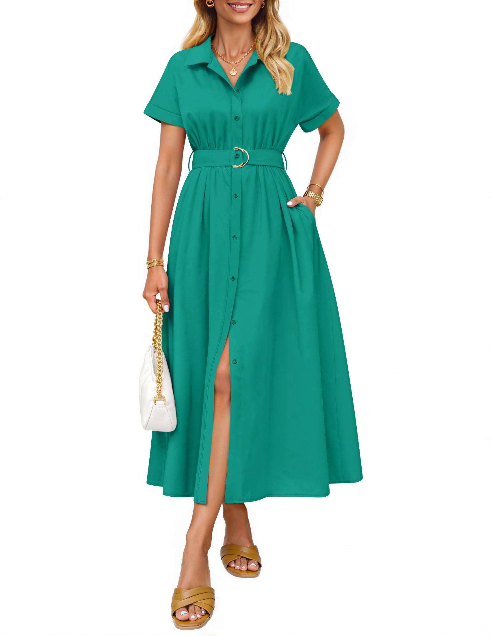Luxuii Button Down A Line Belt Buiness Casual Shirt Dresses