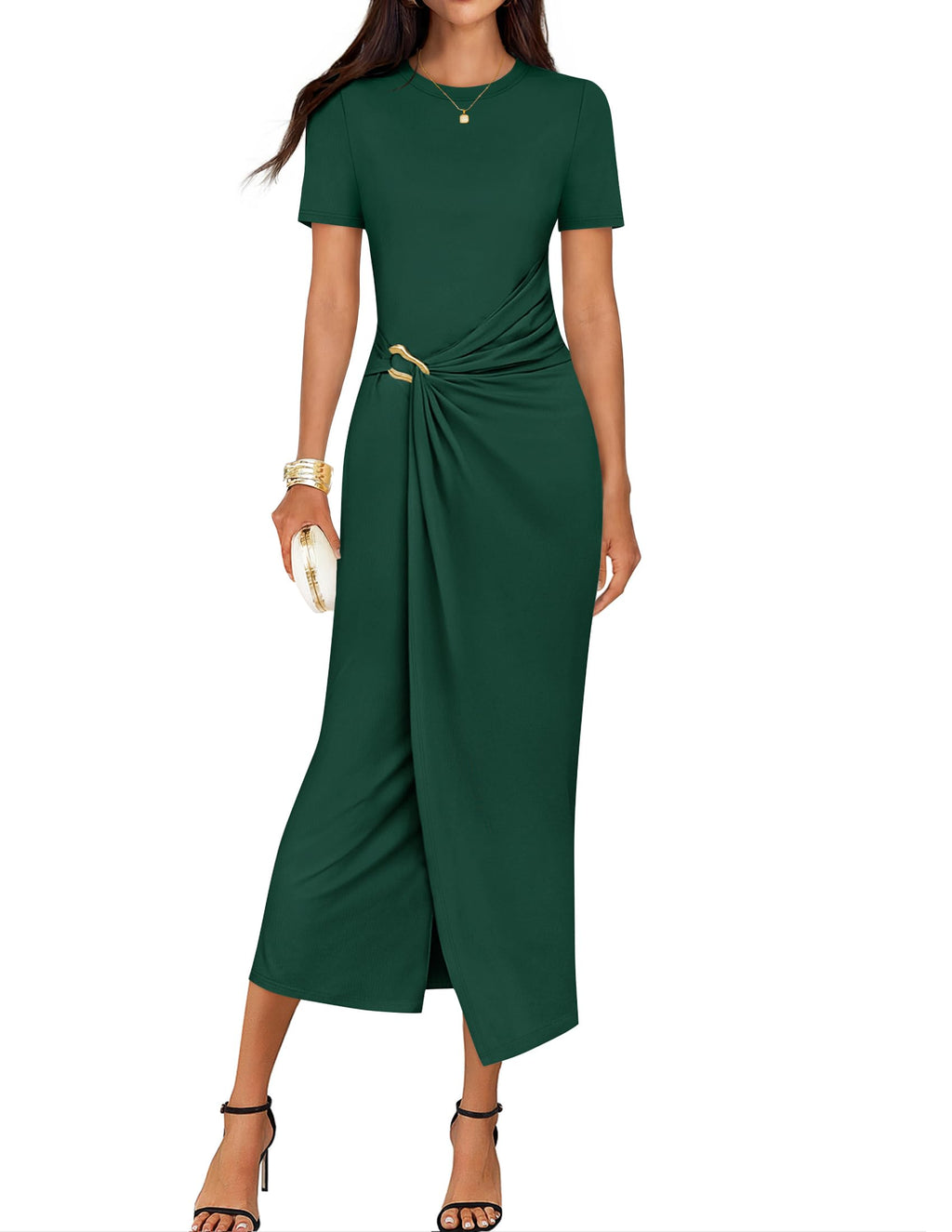 Luxuii Bodycon Crewneck Ruched Wedding Guest Cocktail Party Long Dresses