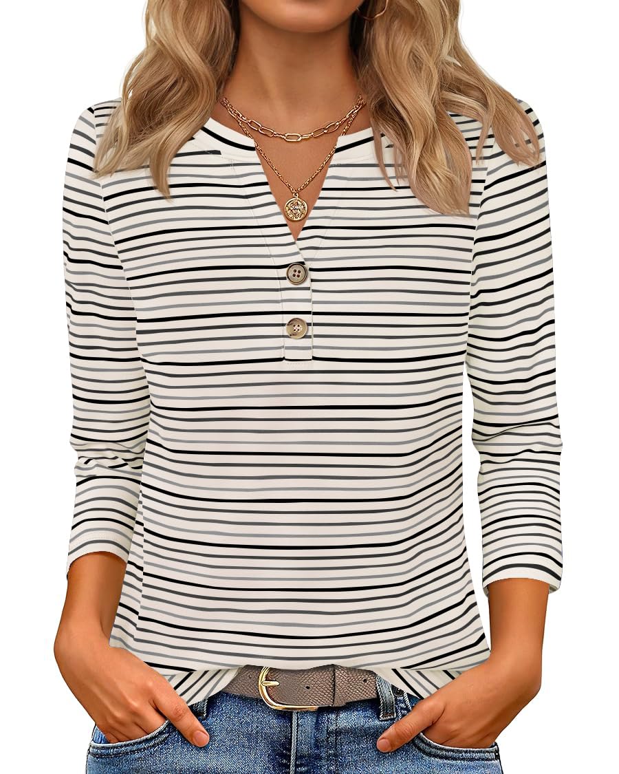 Luxuii Boho Striped Henley Shirts 3/4 Sleeve Tops Casual Blouses