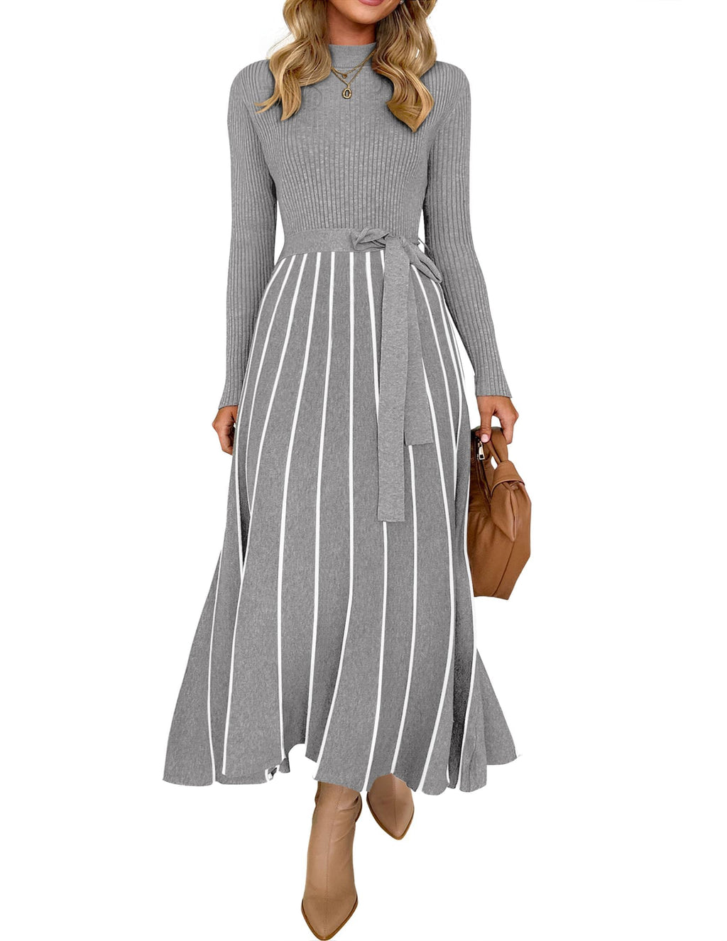 Luxuii Turtleneck Tie Waist Ribbed Knit A Line Midi Dresses