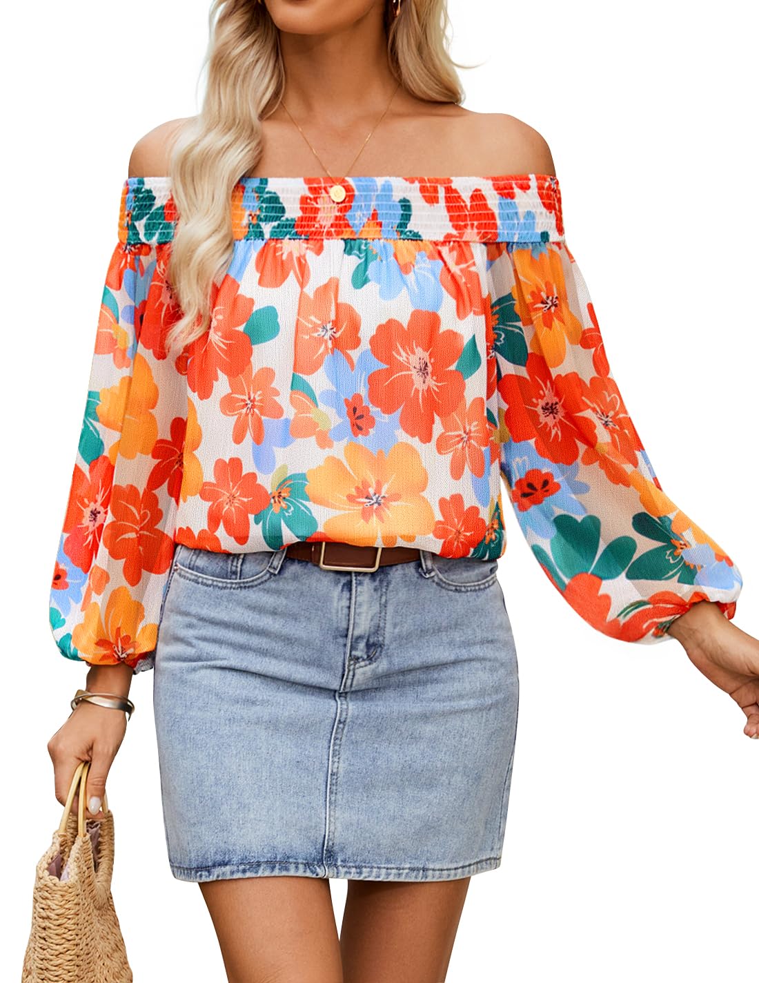 Luxuii Off Shoulder Floral Chiffon Loose Dressy Blouses