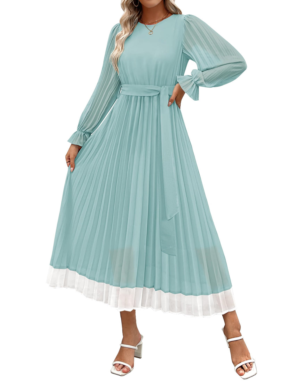 Luxuii Chiffon Crew Neck Pleated A Line Flowy Midi Dresses