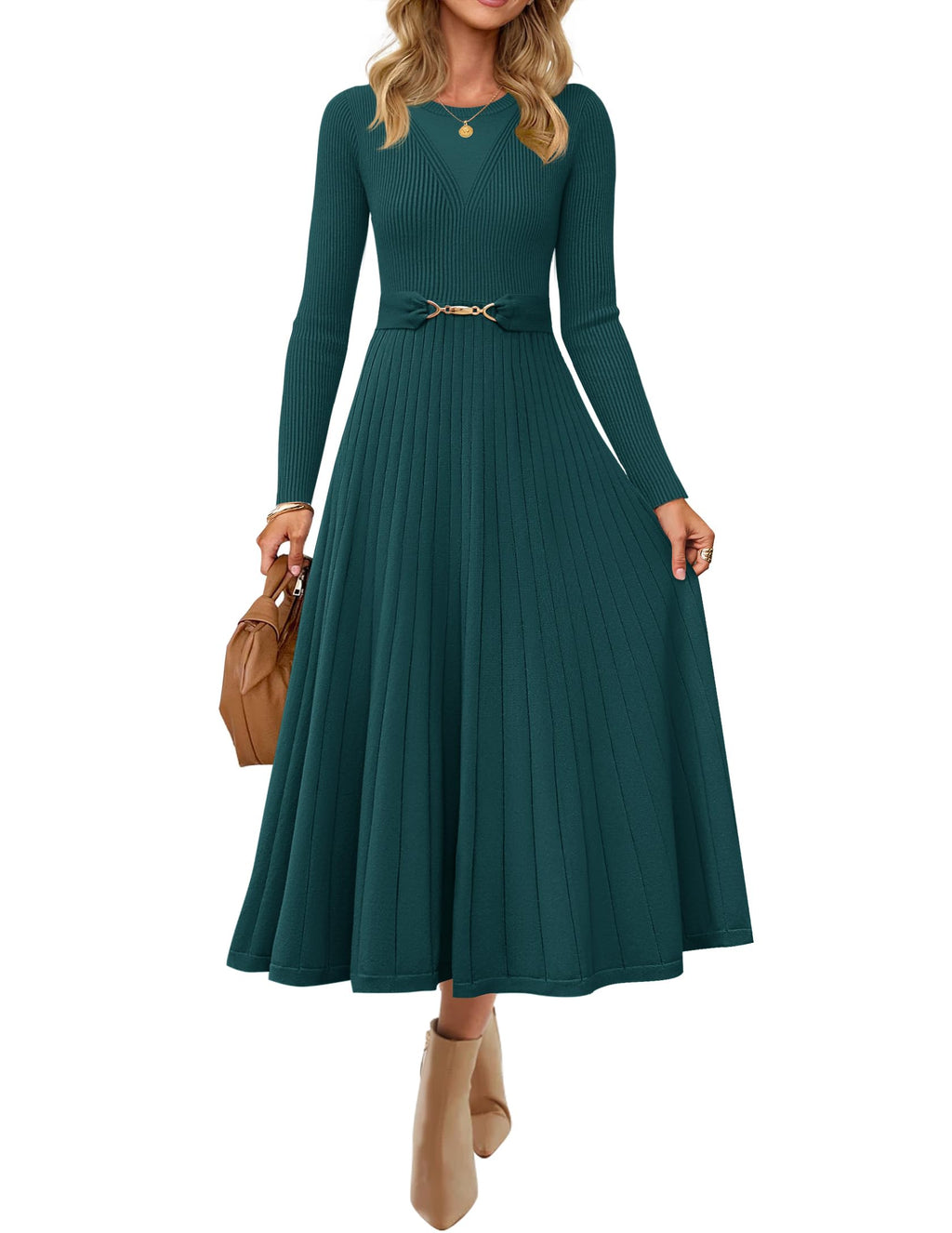 Luxuii Fall Crewneck Knit A Line Pleated Flowy Long Dresses with Belt