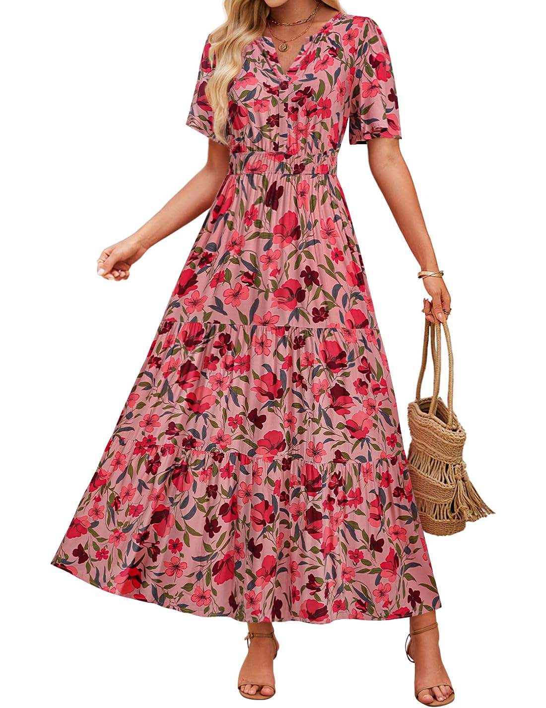 Luxuii Floral Print Short Sleeve V Neck High Waist Boho Dress