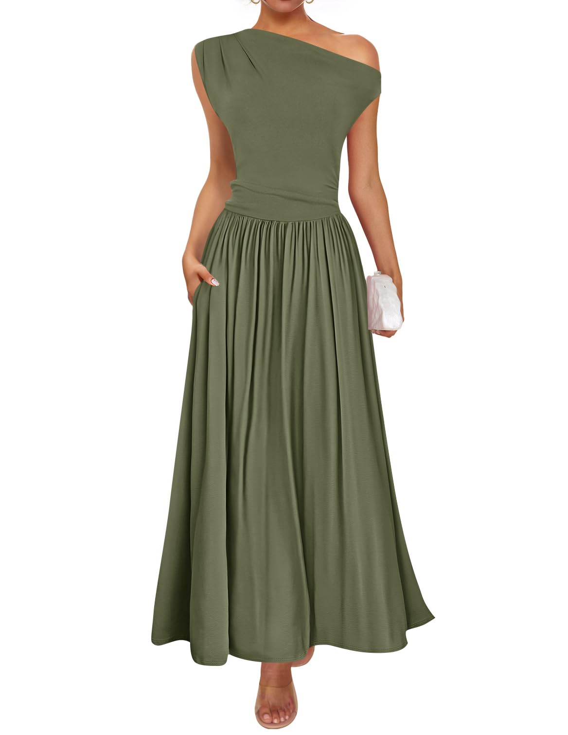 Luxuii Sleeveless One Shoulder Casual Slim Swing Pleated Dresses