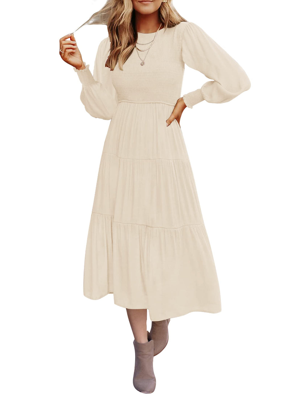 Luxuii High Waist Smocked Flowy Tiered Midi Dress