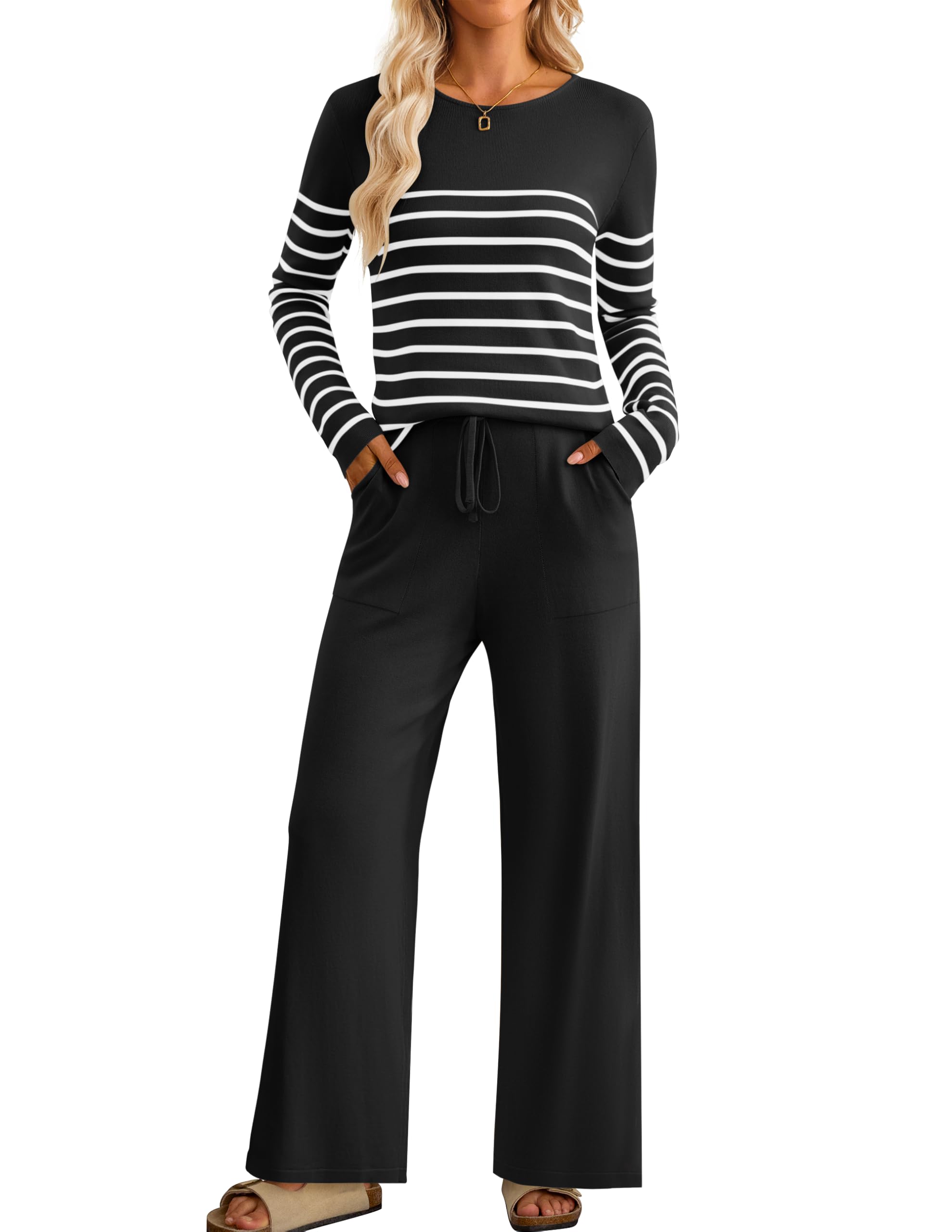 Luxuii Striped Knit Fitted Tops Wide Leg Pants Pajama Sets