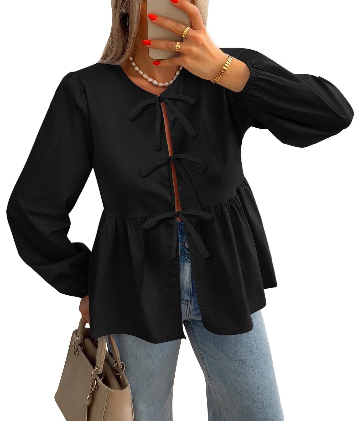 Luxuii Womens Tops Tie Front Long Puff Sleeve Button Peplum Babydoll Cute Shirts