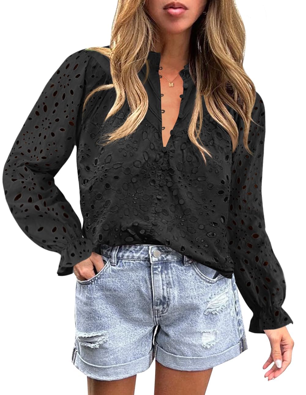 Luxuii Puff Long Sleeve Button V Neck Hollow Out Eyelet Lace Embroidered