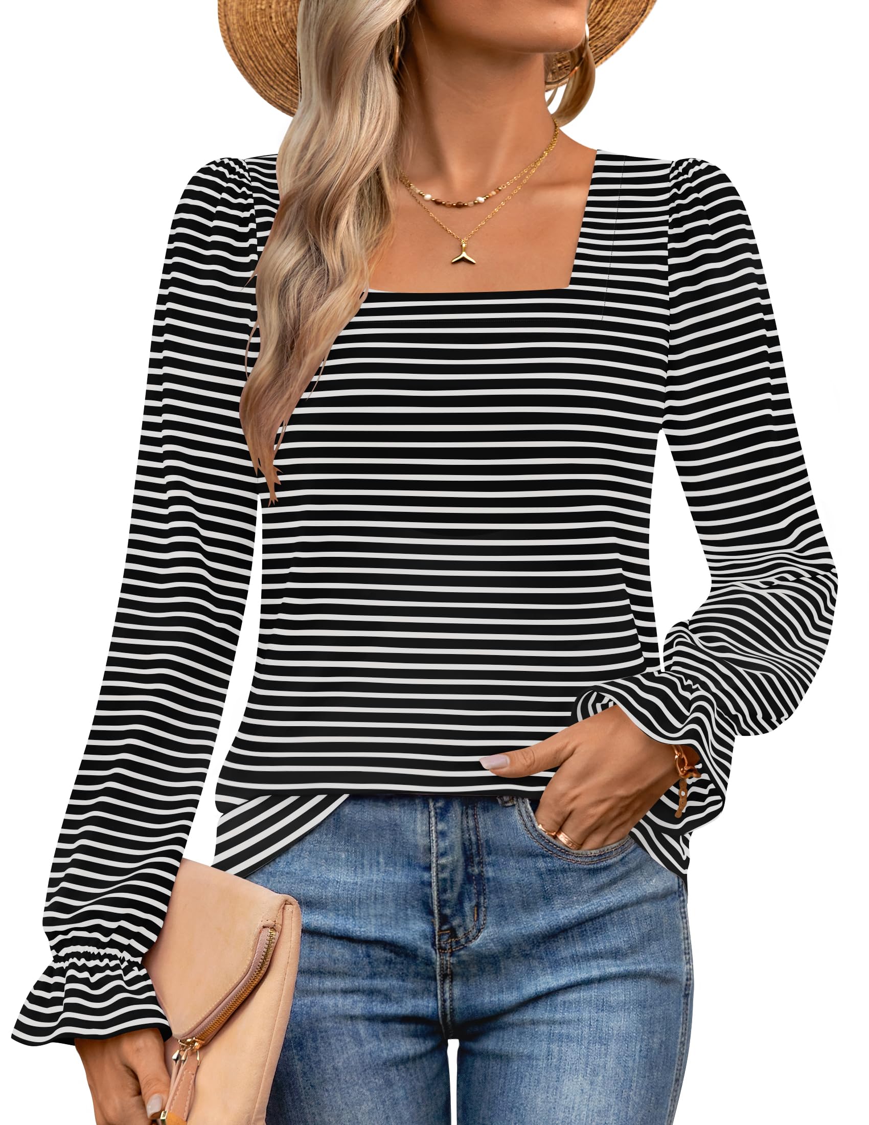 Luxuii Square Neck Shirts Fall Causal Trendy Tunic Tops
