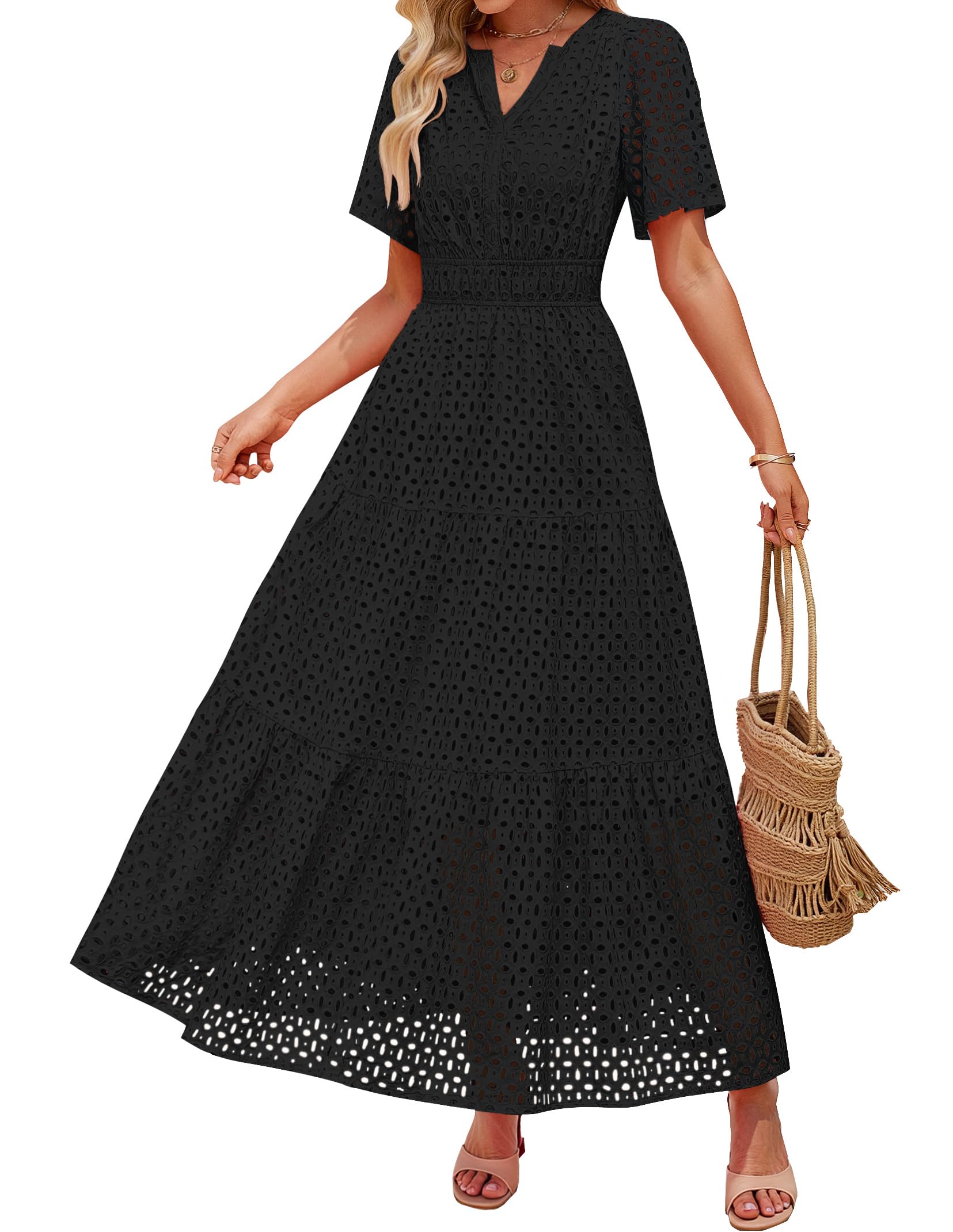 Luxuii V Neck Hollow Out Eyelet Ruffle Swing A Line Long Dresses