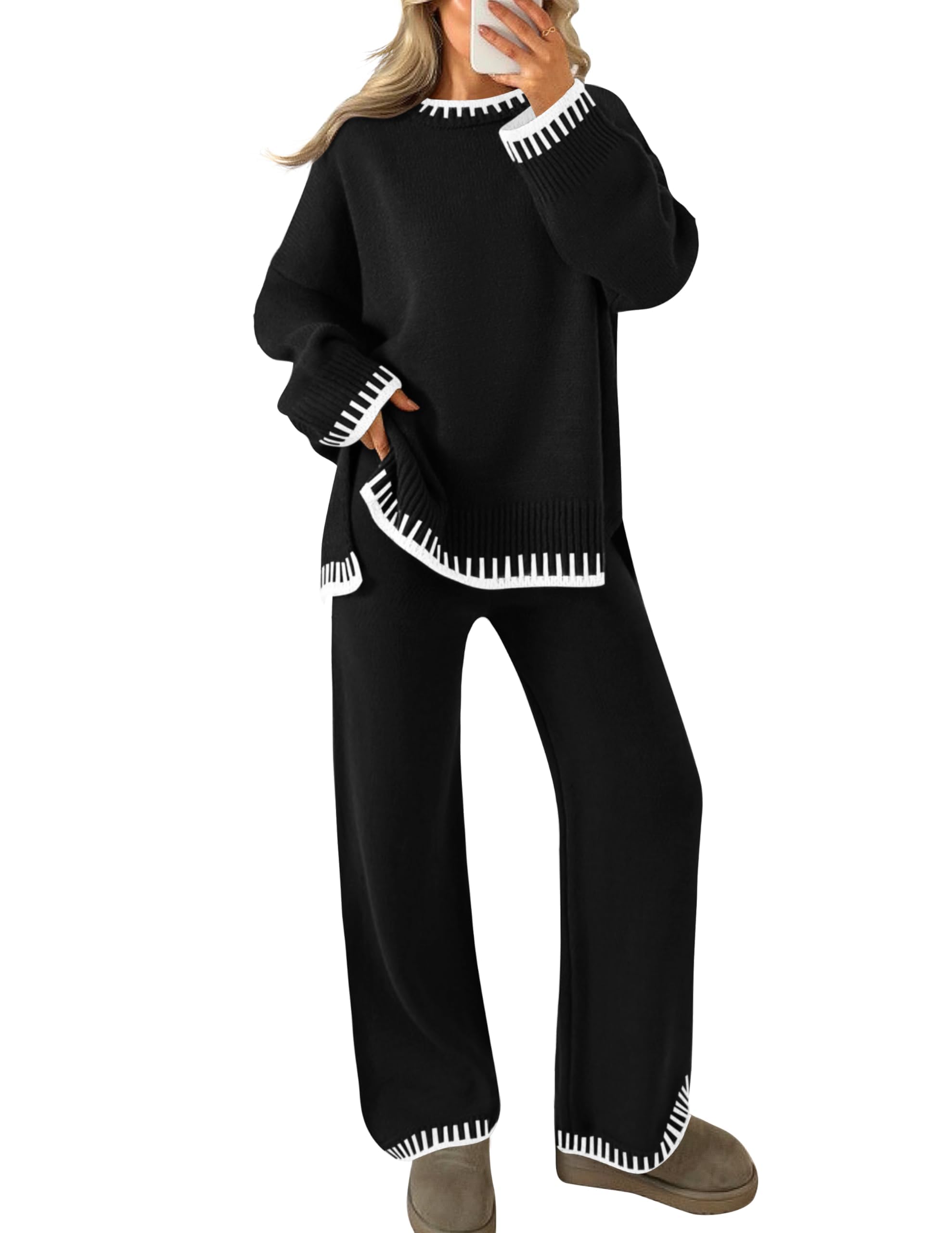 Luxuii Long Sleeve Pullover Tops Wide Leg Pants Lounge Set