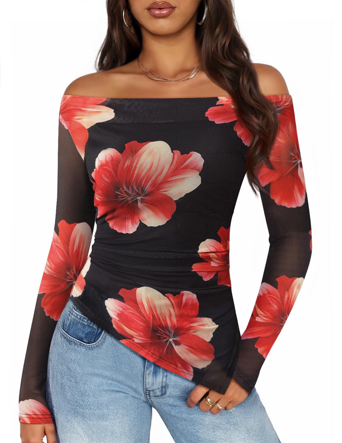Luxuii Double Lined Sexy Long Sleeve Going Out Tops Floral Mesh Shirts
