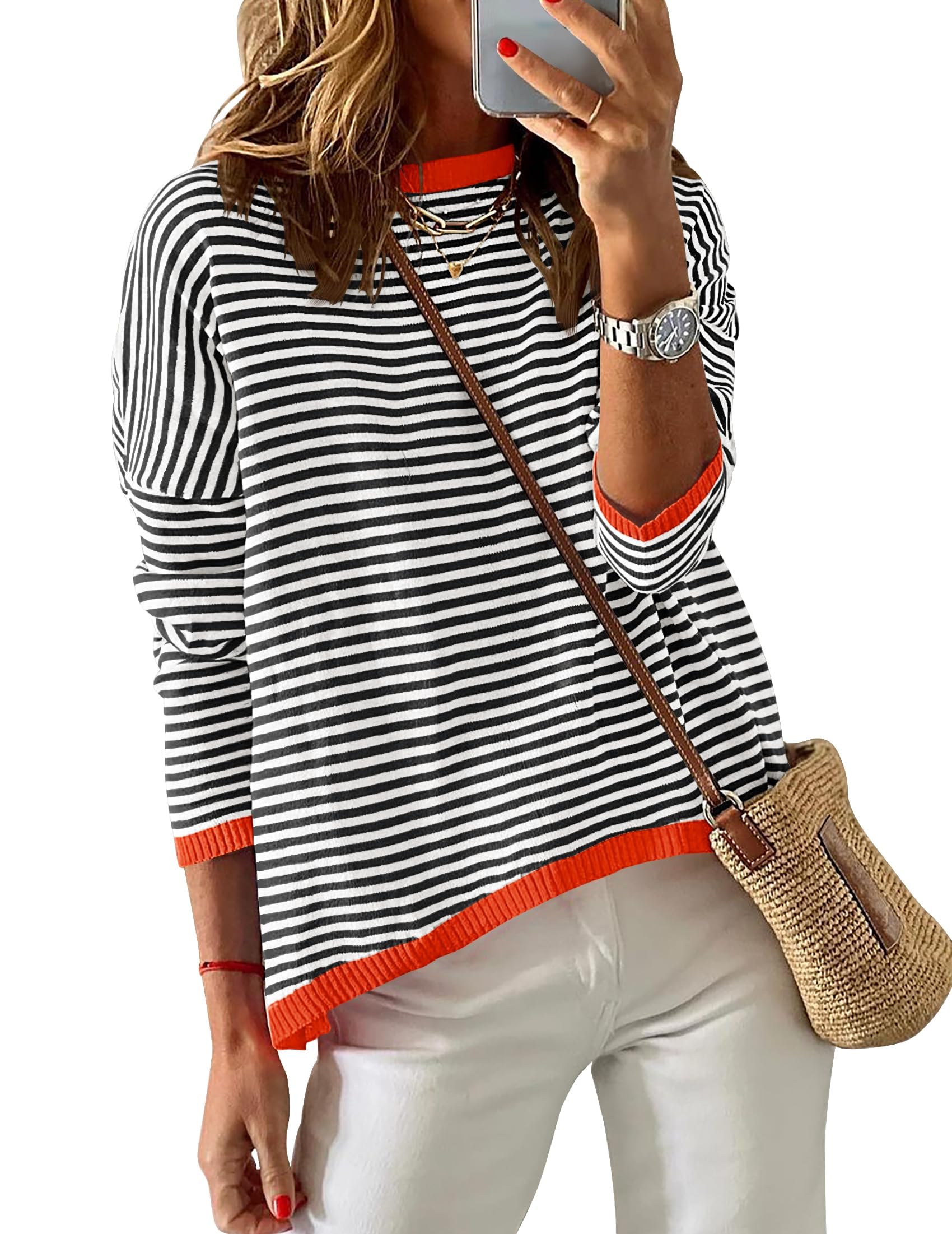 Luxuii Striped Crew Neck Color Block Pullover Tops