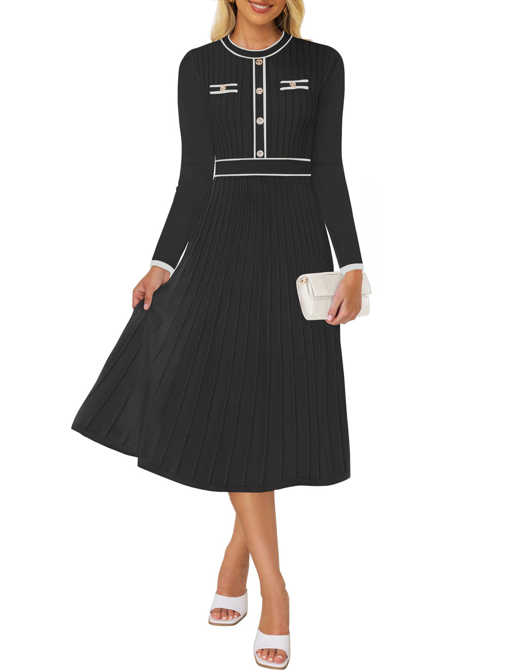 Luxuii Pleated Sweater Crewneck Ribbed Knitted Midi Dresses