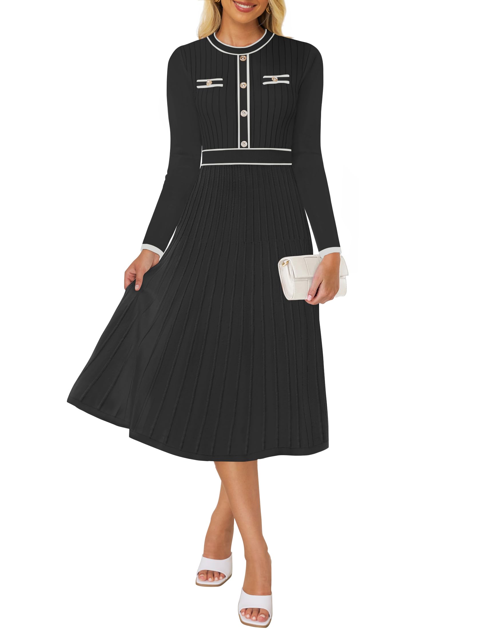 Luxuii Pleated Sweater Crewneck Ribbed Knitted Midi Dresses