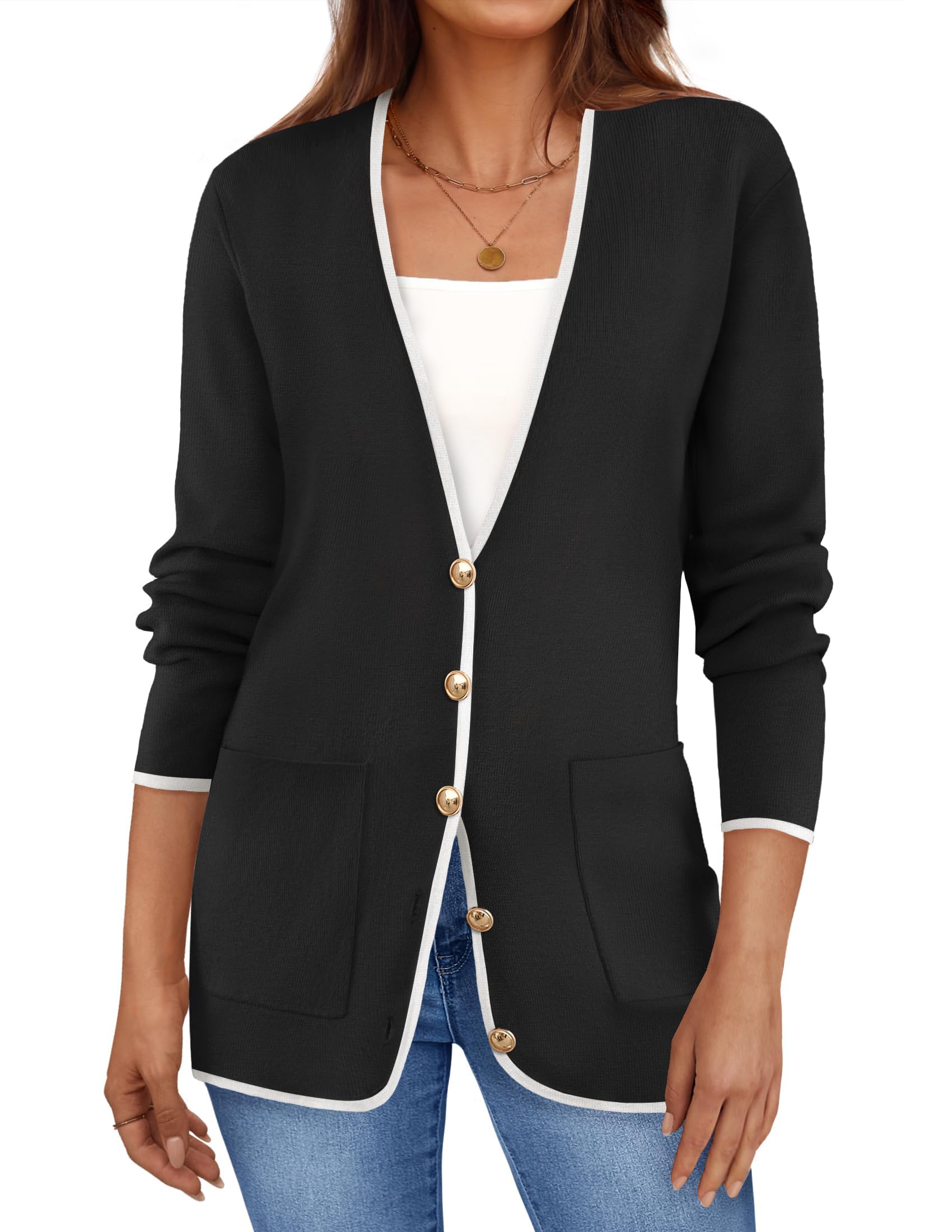 Luxuii Block Cardigan Sweaters Button Down Open Front Coatigan