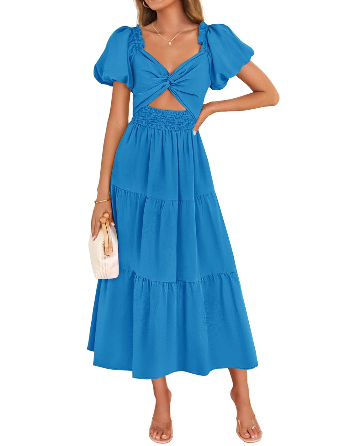 Luxuii Smocked Short Puff Sleeve Twist Knot Cutout Flowy Dresses