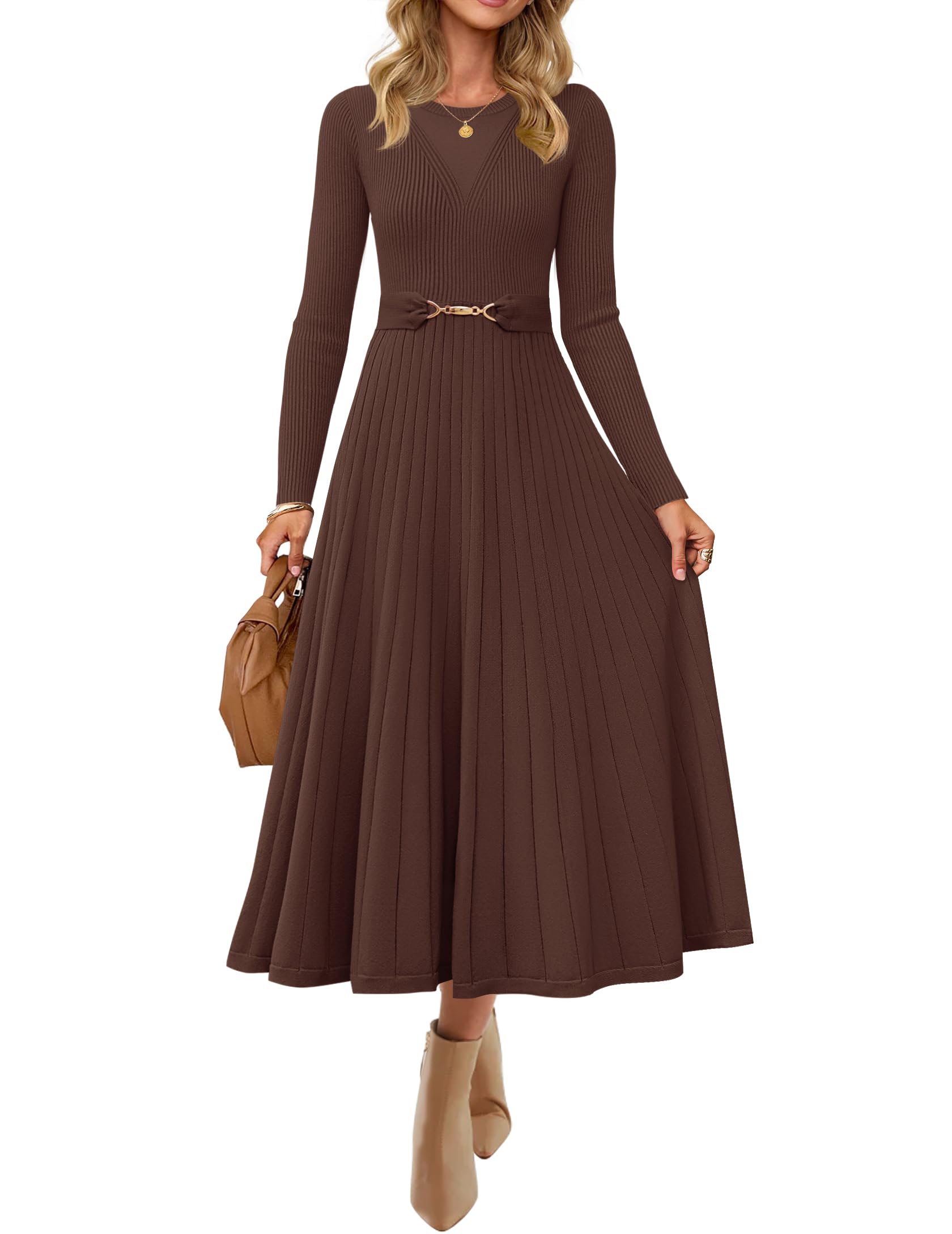 Luxuii Fall Crewneck Knit A Line Pleated Flowy Long Dresses with Belt