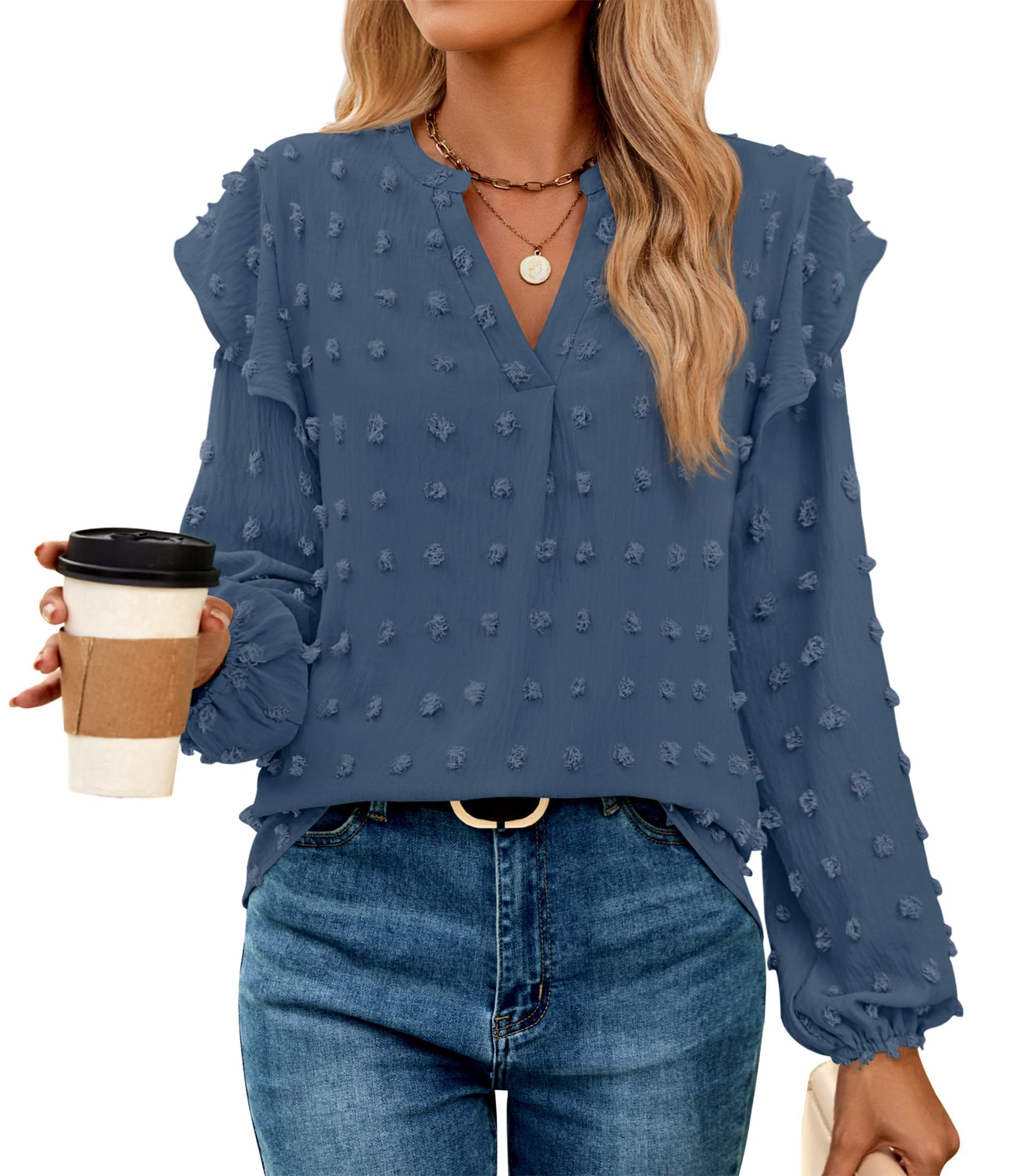Luxuii  Chiffon Blouses V Neck Swiss Dot Casual Tunic Tops
