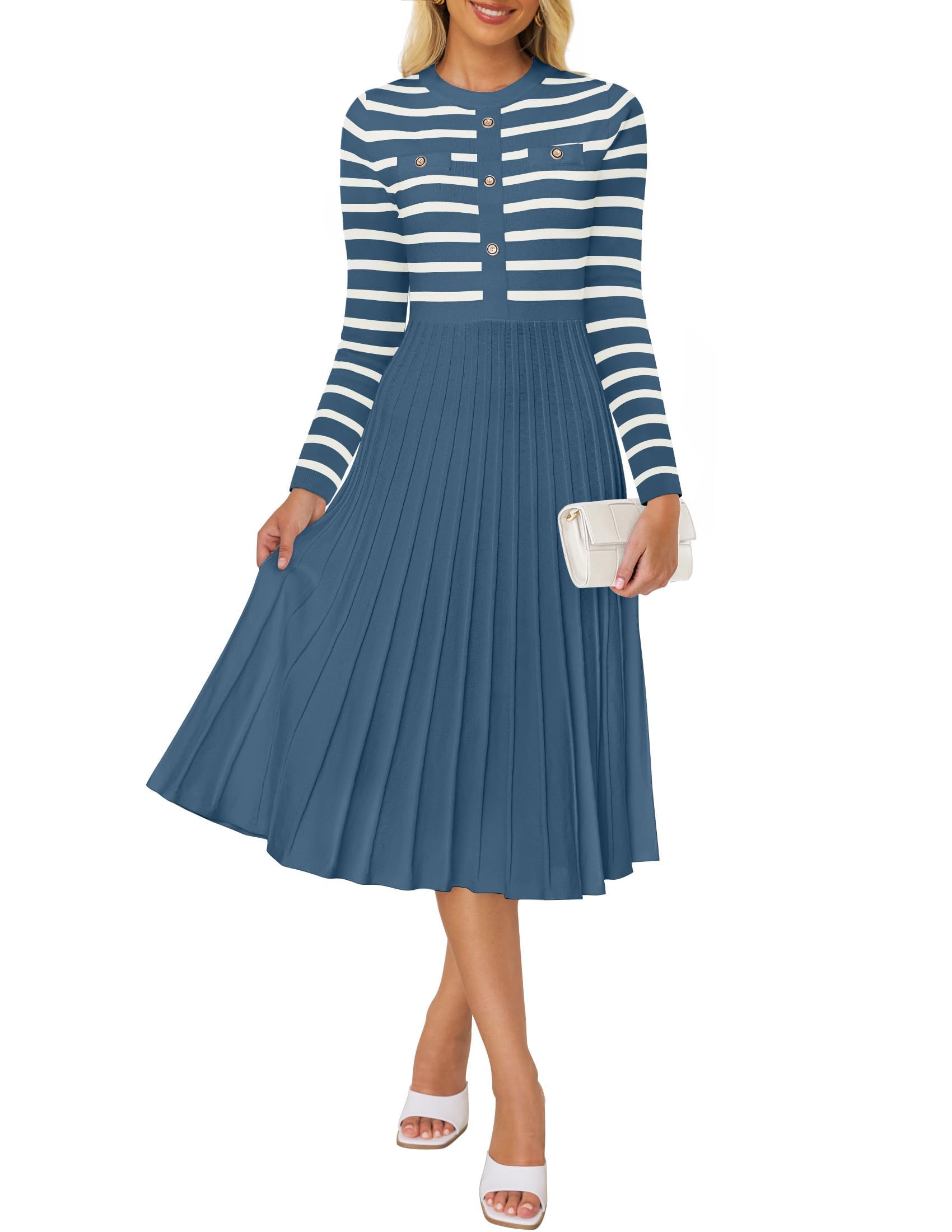 Luxuii Striped Crewneck Button Ribbed Knit Sweater Dress