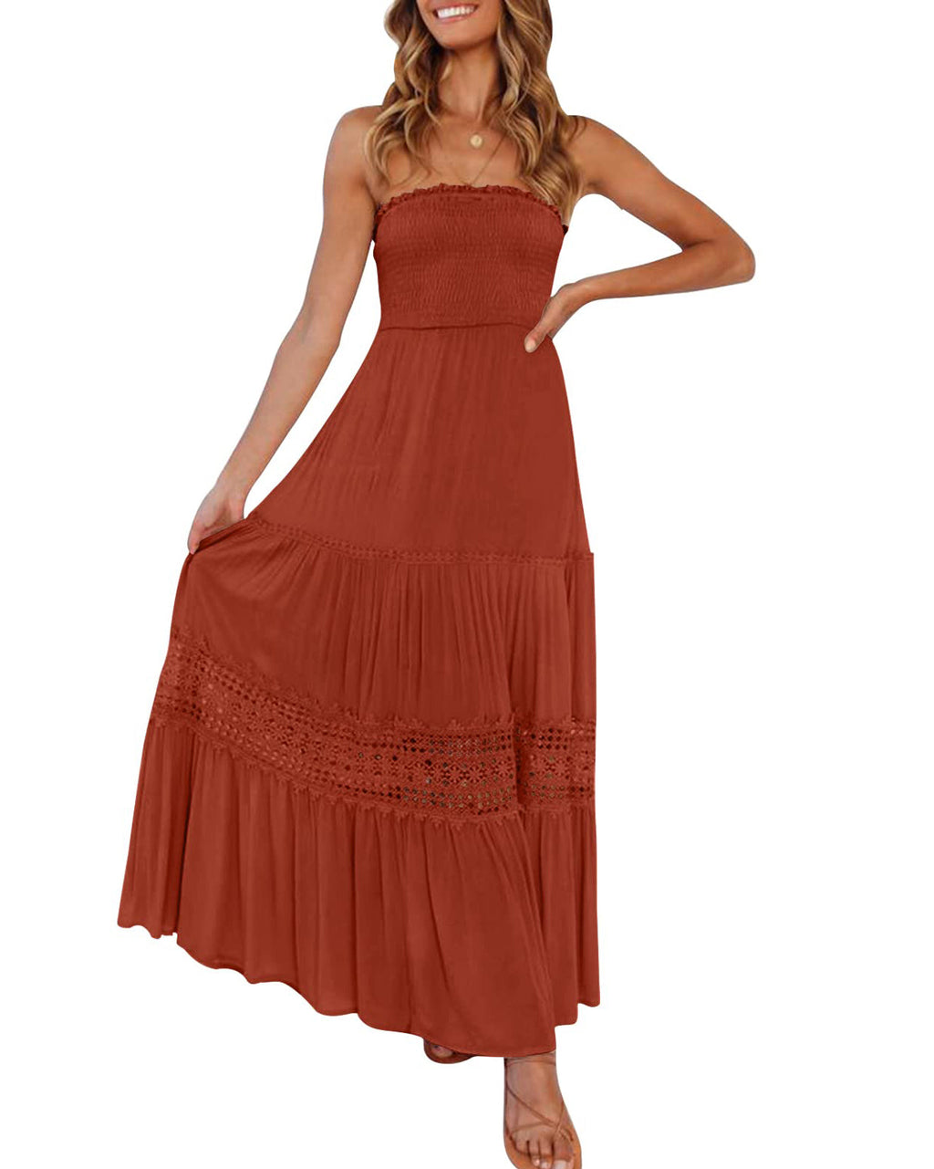Luxuii Bohemian Strapless Lace Trim Backless Maxi Dress
