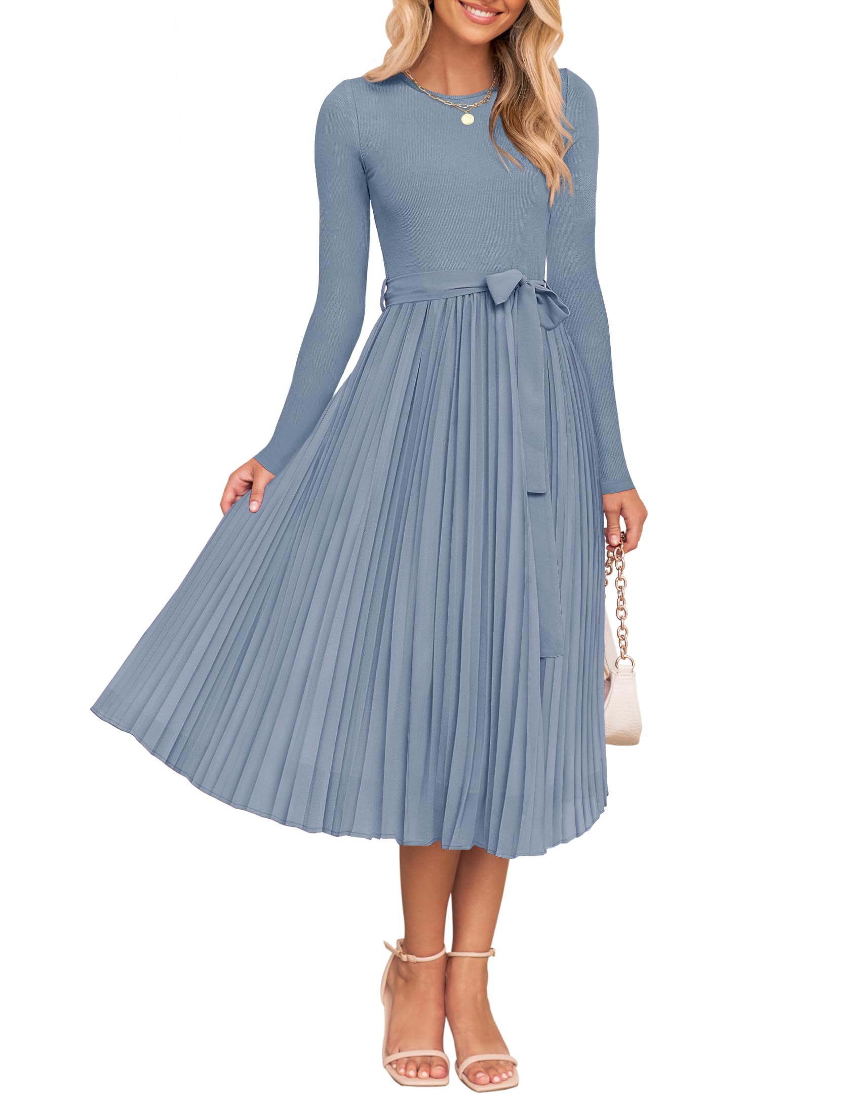 Luxuii Casual Crewneck Knit Belted Pleated A Line Flowy Sweater Dresses