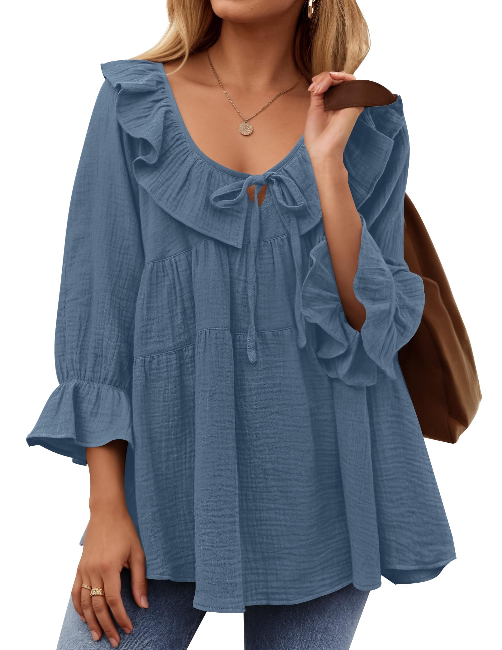 Luxuii Casual Tie Front Ruffle Tiered Loose Tunic Shirts