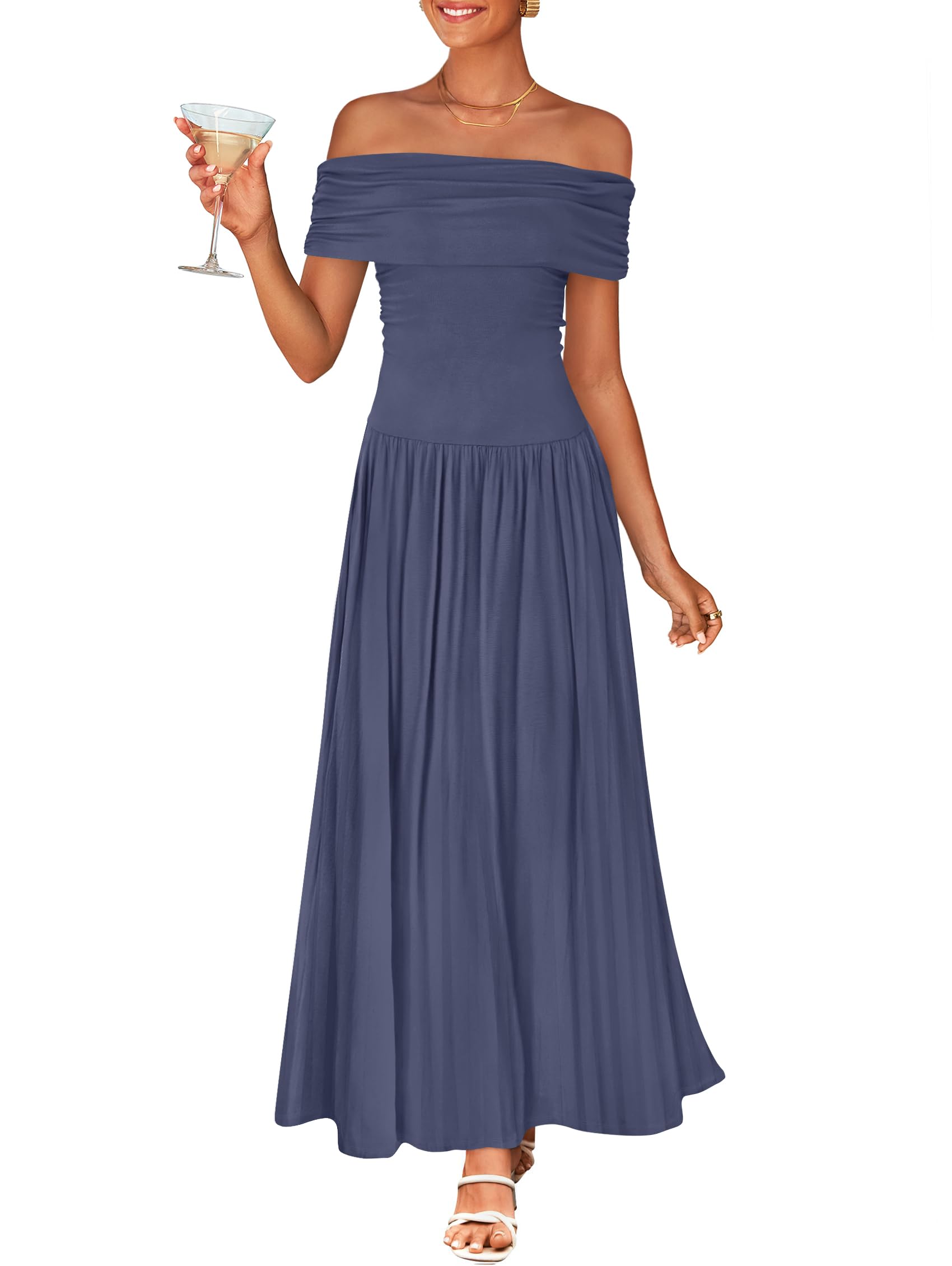 Luxuii Off The Shoulder Sleeveless Casual Slim Swing Pleated Dresses