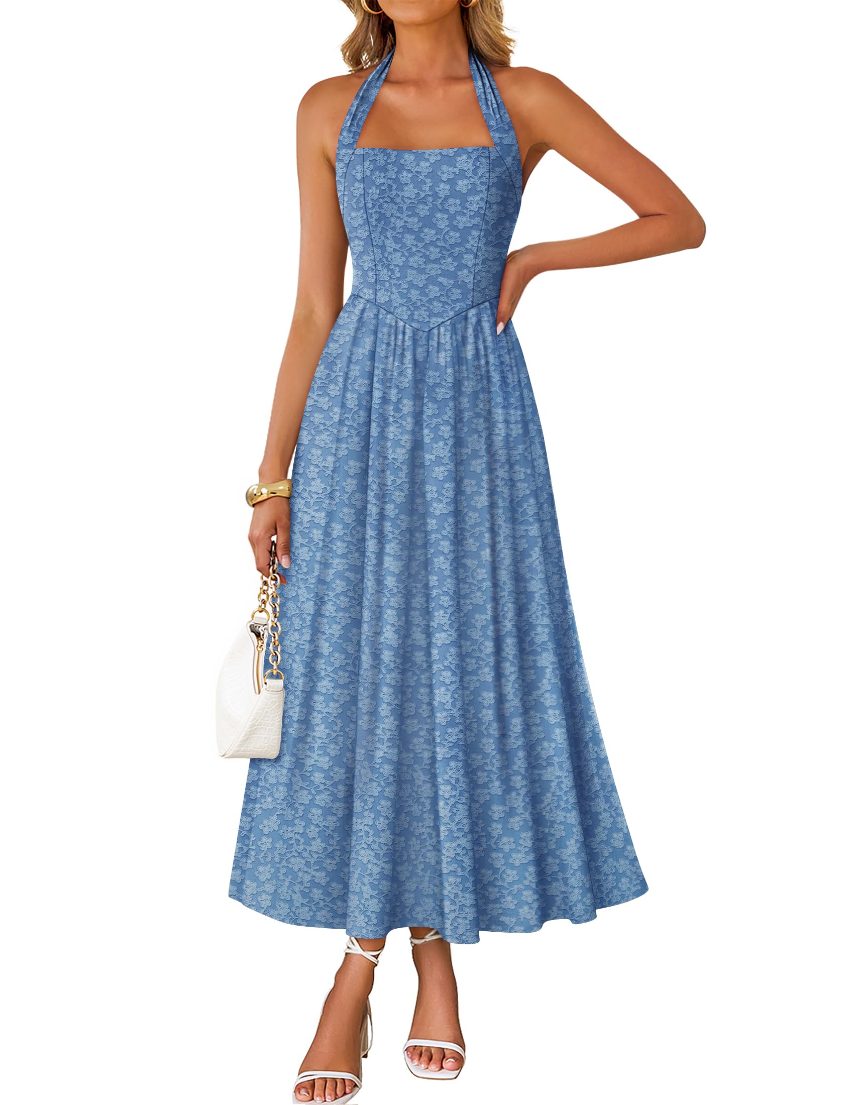 Luxuii Sleeveless Floral Halter Neck Wedding Flowy A Line Long Dress