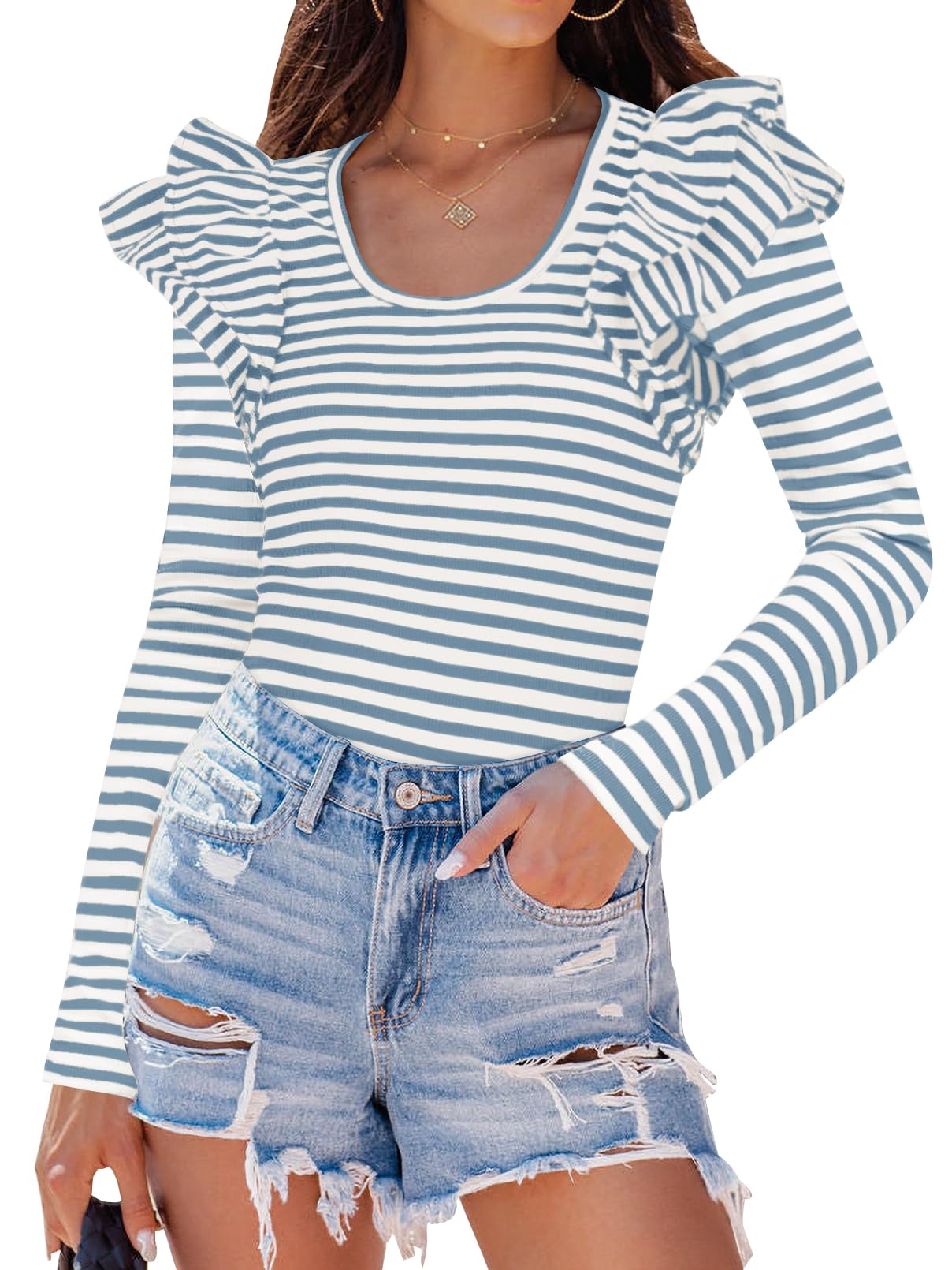 Luxuii Neck Shirt Striped Slim Fitted Casual Basic Tee Tops