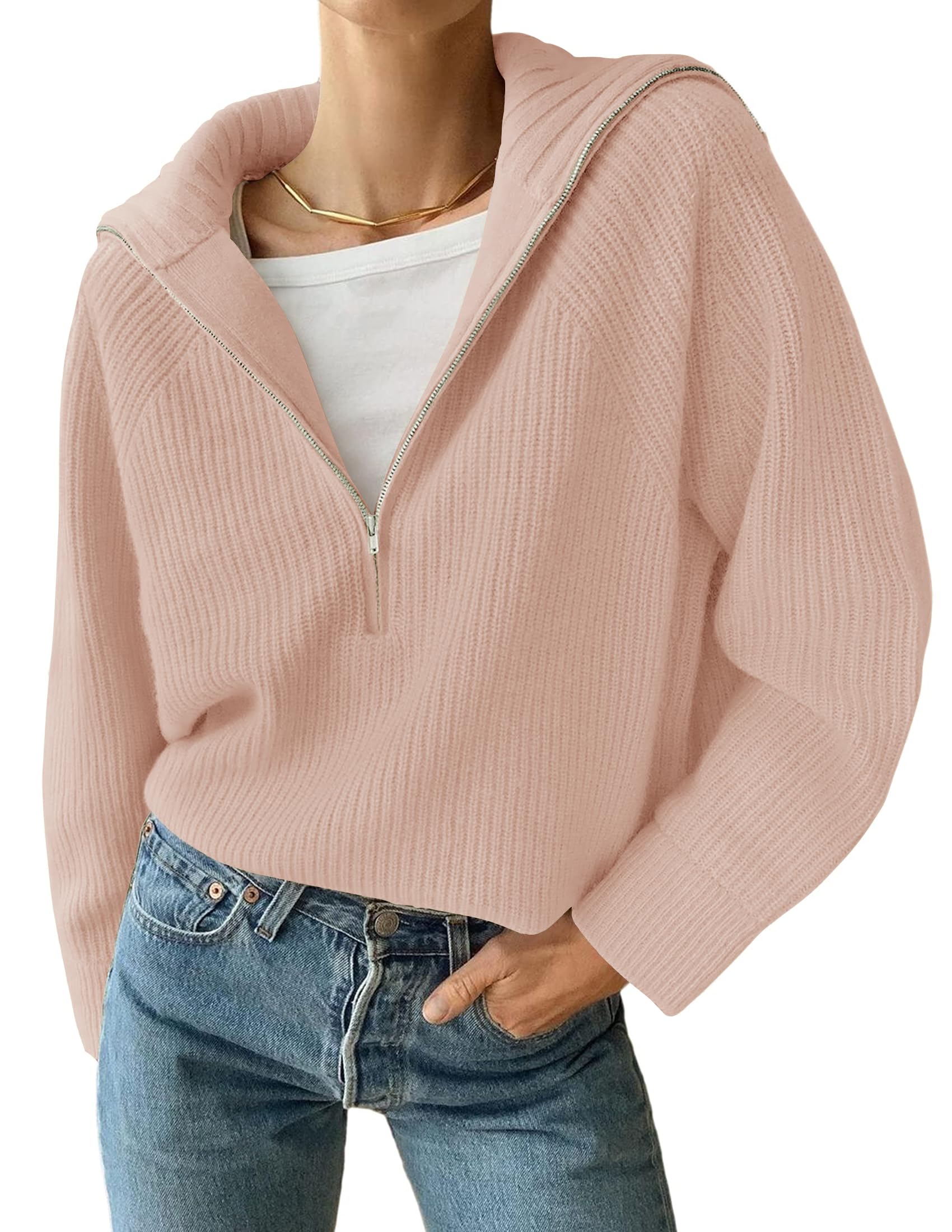 Luxuii Women's V Neck Sweaters Fall Long Sleeve Half Zipper Casual Oversized Tops