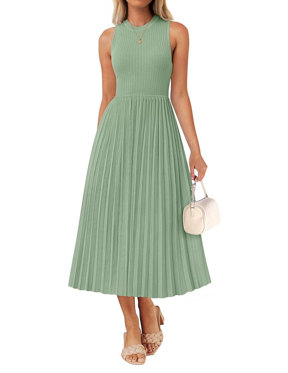 Luxuii Casual Crewneck Ribbed Knit Pleated A Line Swing Dress