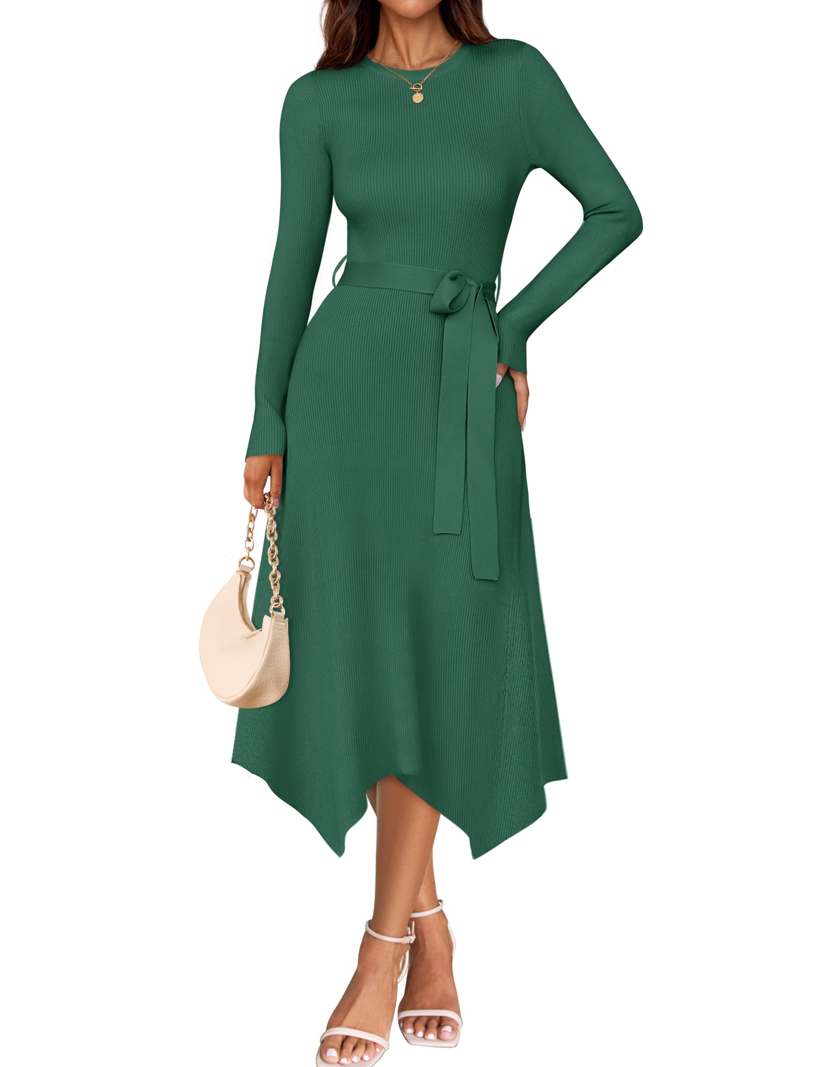 Luxuii Crewneck Ribbed Knit High Waist Midi Sweater Dresses