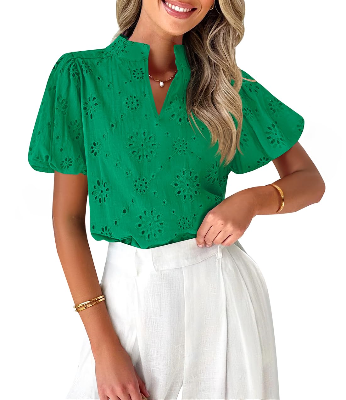 Luxuii V Neck Casual Hollow Out Lace Embroidered Blouse Tops