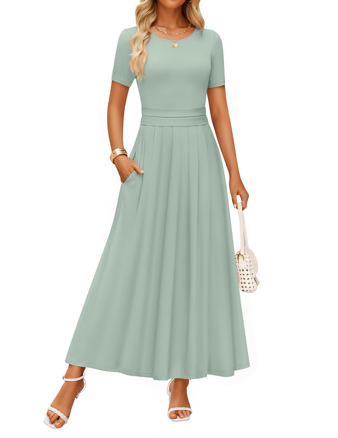 Luxuii Short Sleeve Crewneck Pleated A Line Flowy Long Dresses