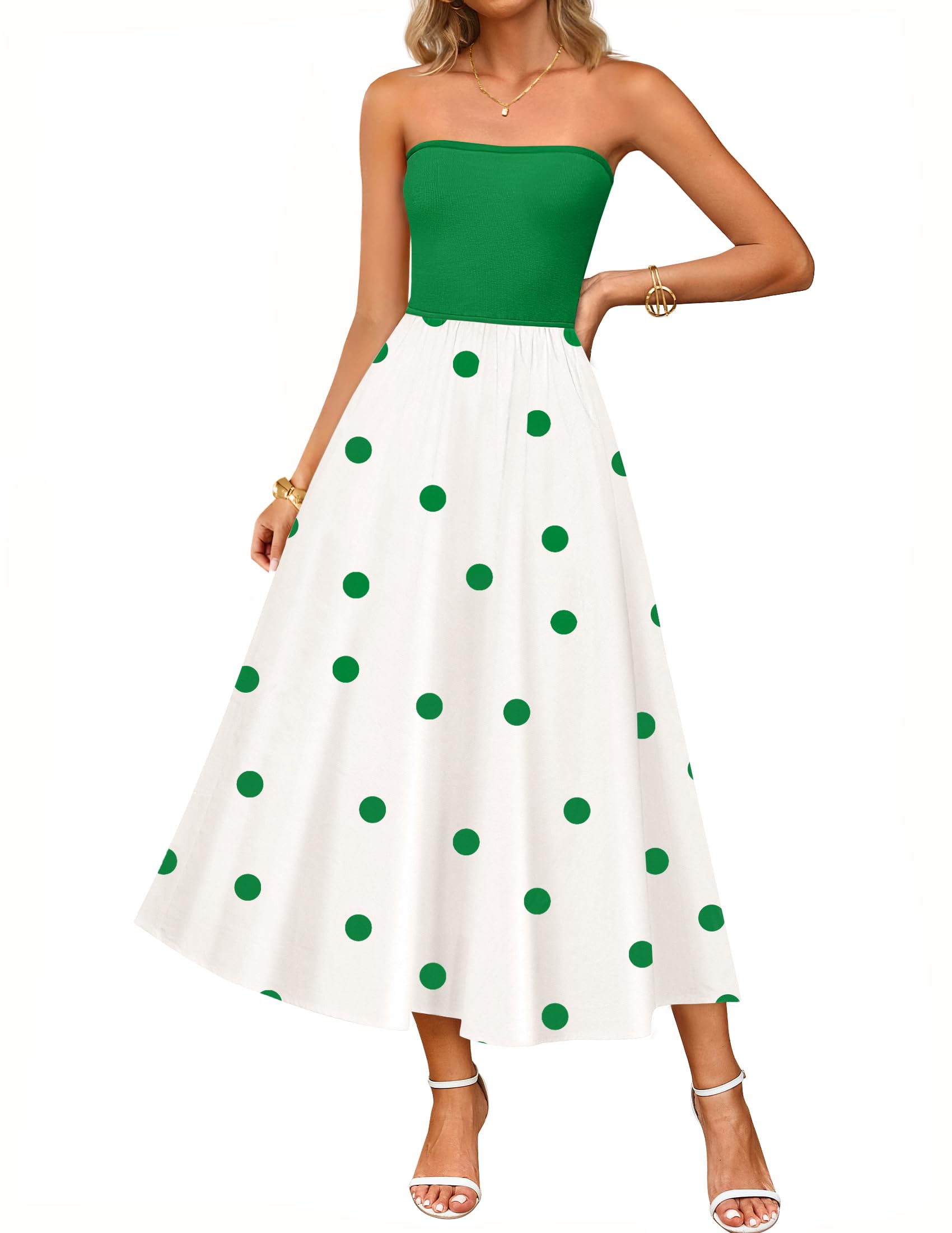 Luxuii Boho Strapless Off Shoulder Polka Dot Printed Flowy Long Dresses