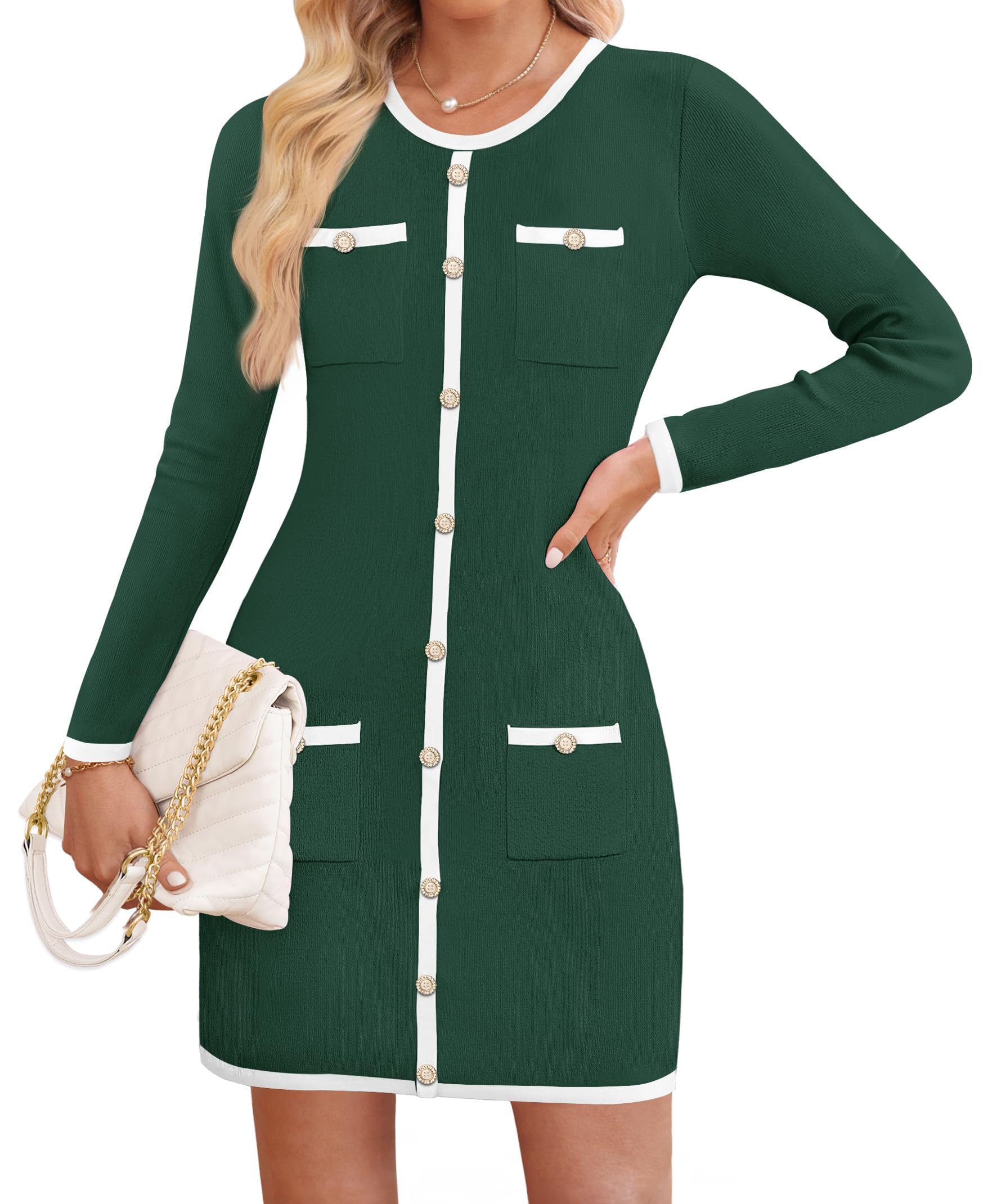 Luxuii Button Color Block Knit Bodycon Short Sweater Dresses