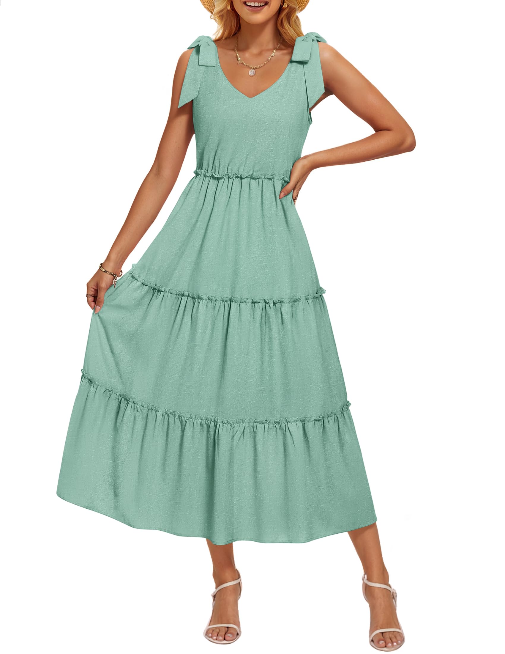 Luxuii Tie Shoulder Flowy Tiered A Line Beach Long Sundress