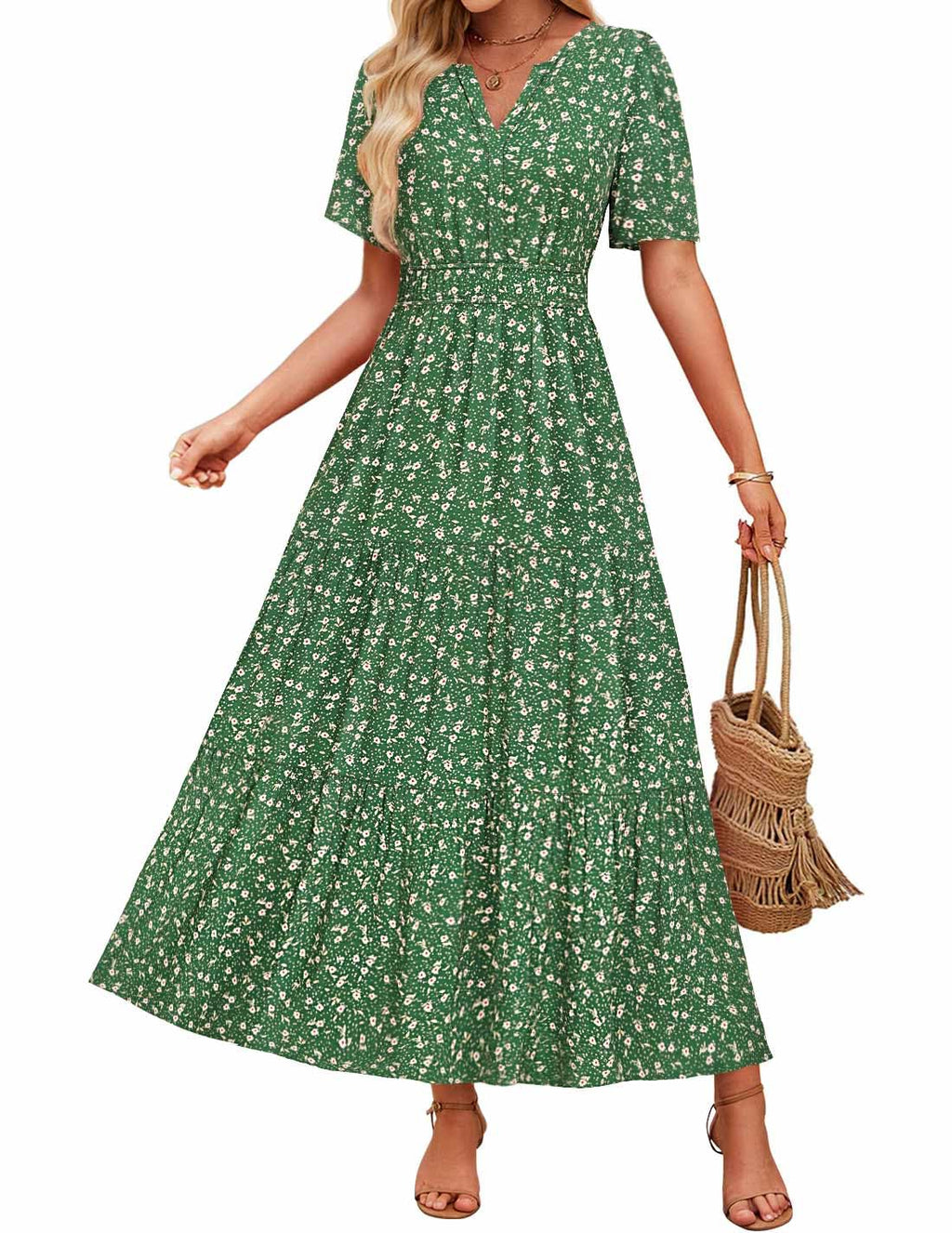 Luxuii Floral Print Short Sleeve V Neck High Waist Boho Dress