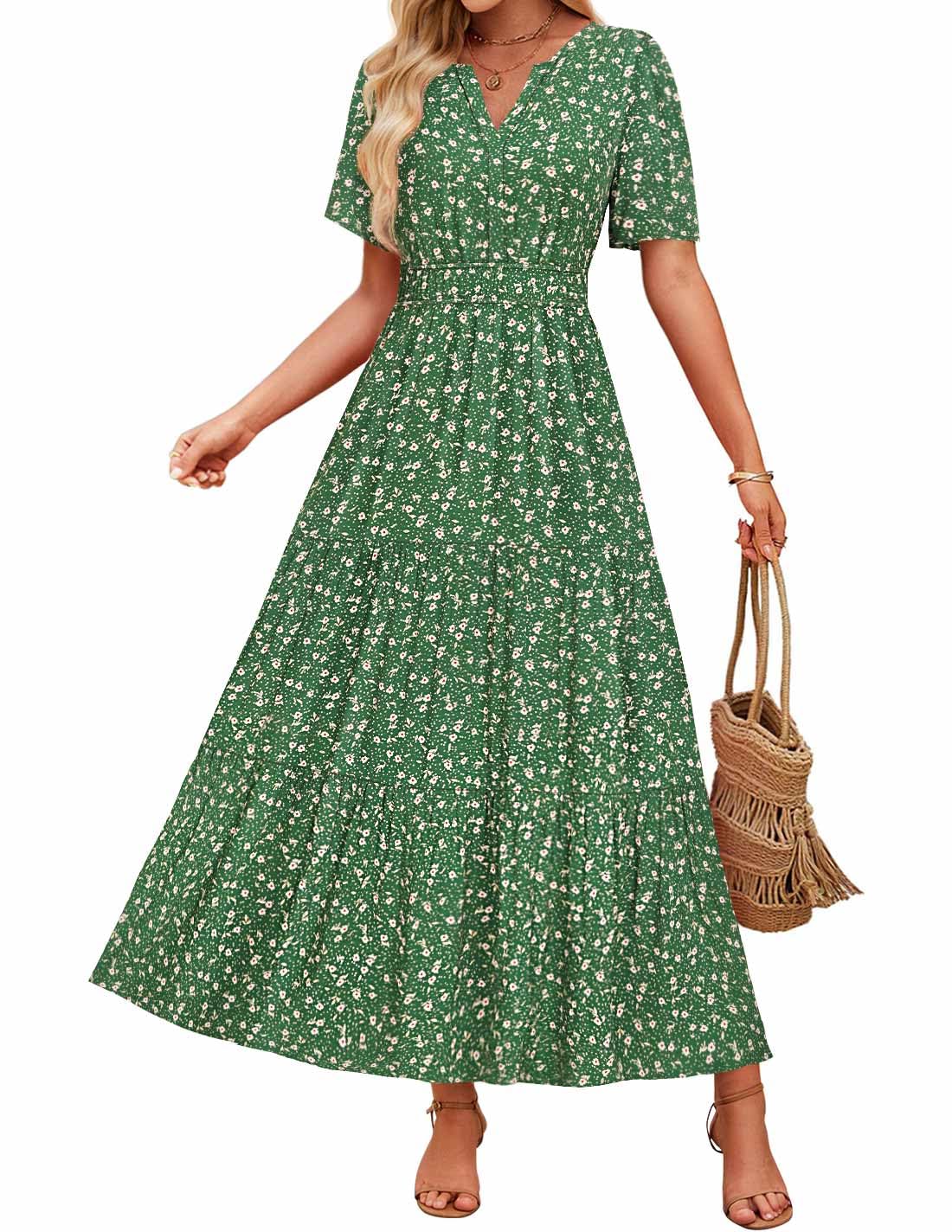 Luxuii Floral Print Short Sleeve V Neck High Waist Boho Dress