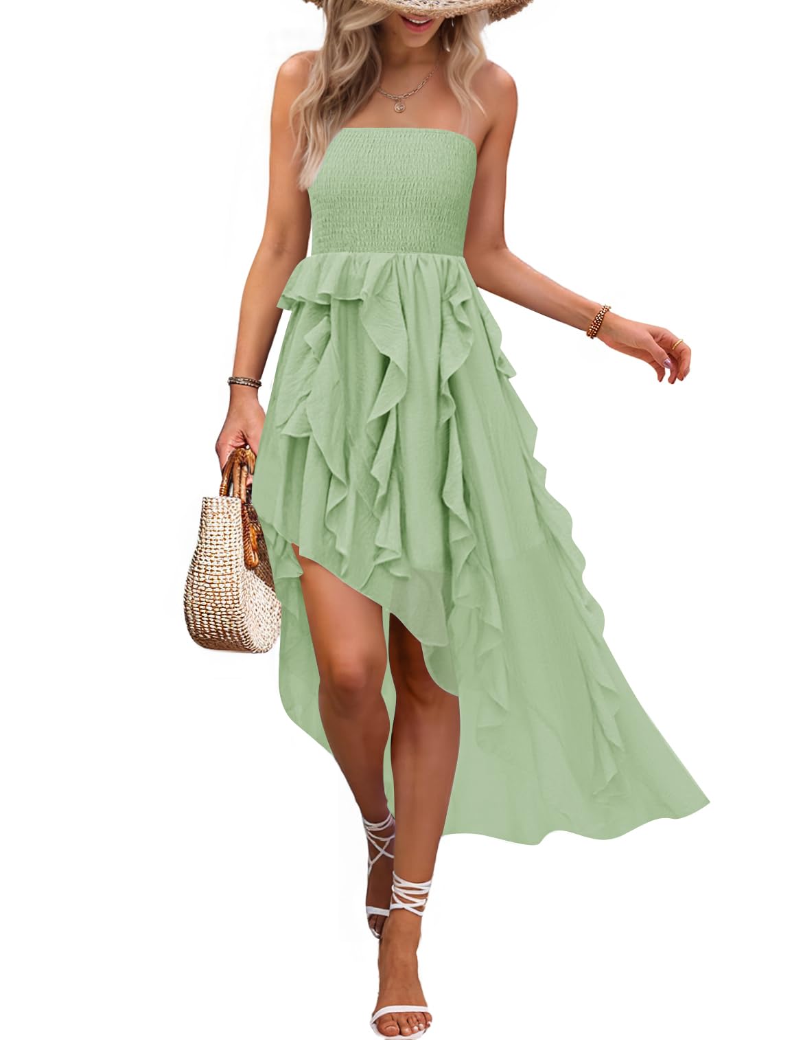 Luxuii Strapless Off Shoulder Smocked Tiered Ruffle Tube Sundress
