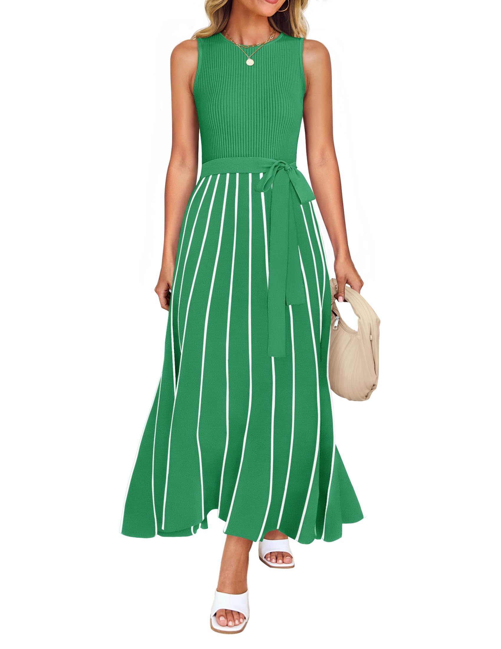 Luxuii Crewneck Ribbed Knit Tie Waist A Line Swing Dresses