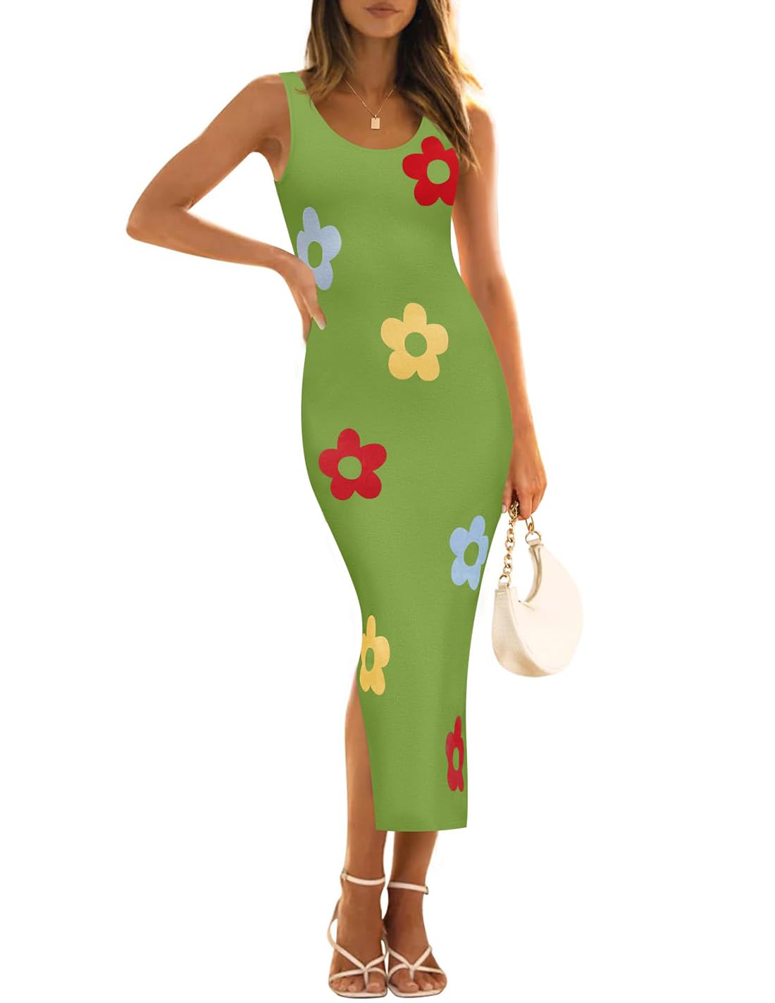 Luxuii Knit Bodycon Sleeveless Floral Crewneck Color Block Dresses